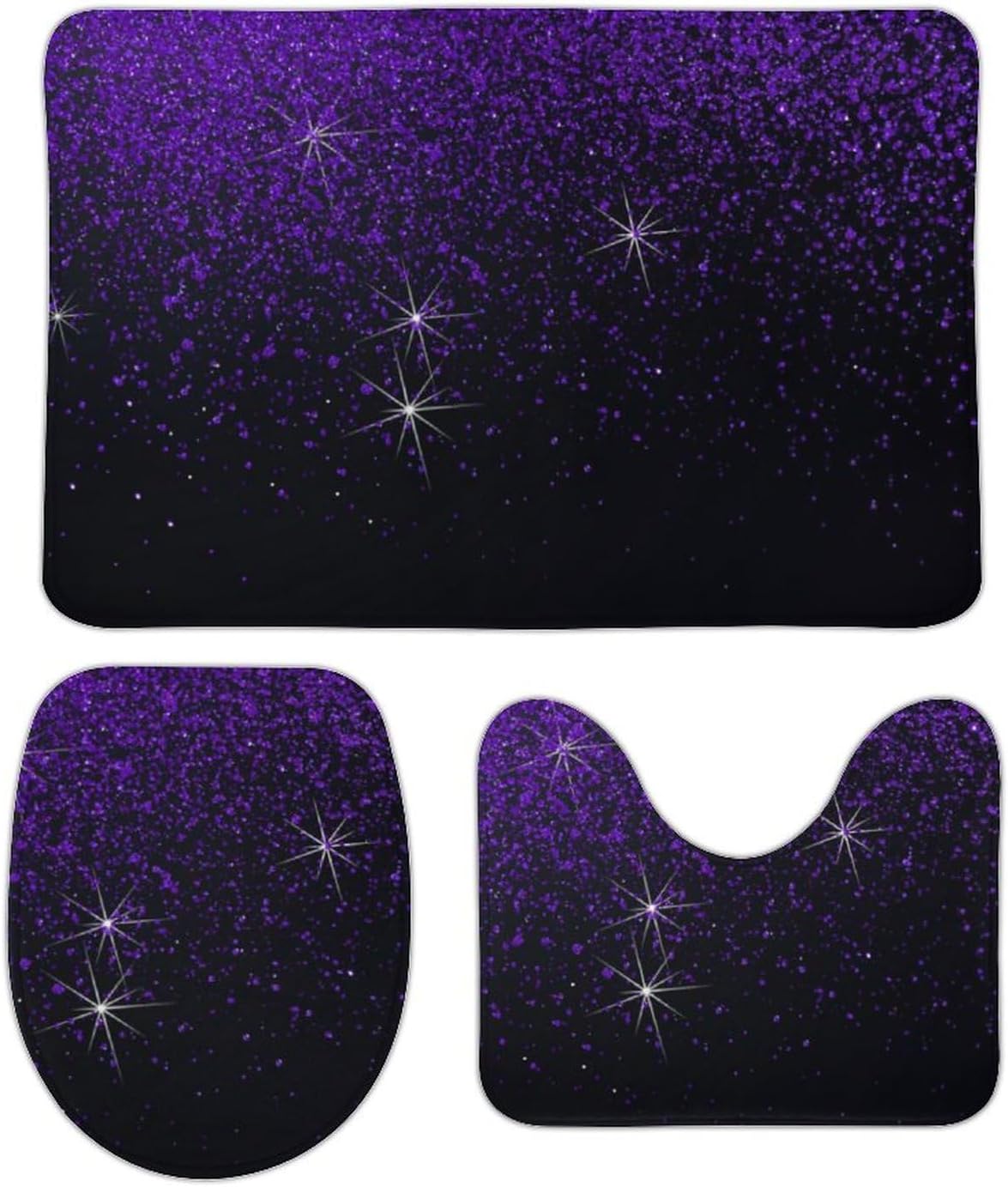 3 Pieces Bath Rug Set Bling Sparkle Diamond Glitter Purple