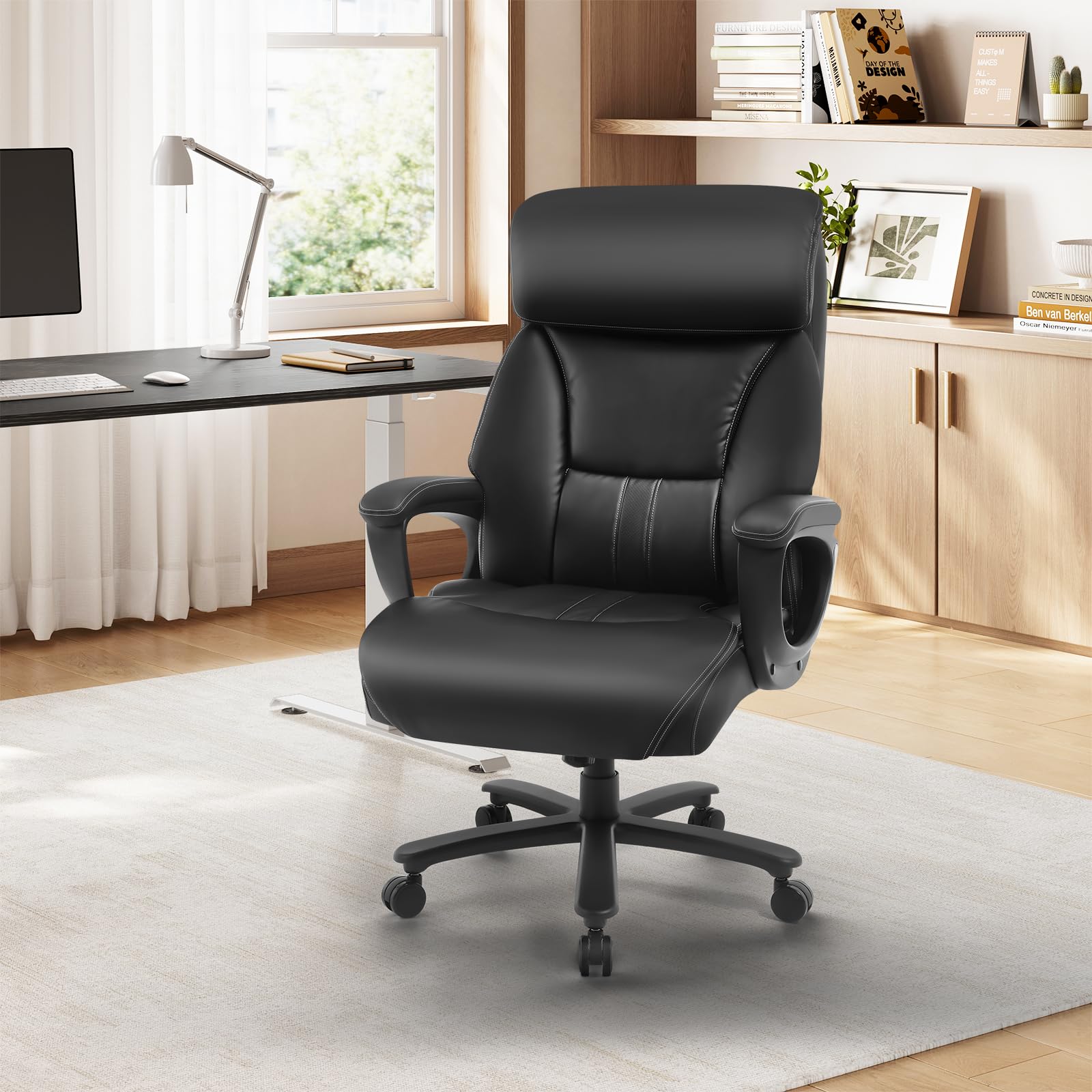 WOLTU Chefsessel 150 kg, Ergonomischer Bürostuhl, Kunstleder, Schwarz | Breite Sitzfläche, Dicker Breiter and Winkeleinstellbar, mit hochelastischem Schaumstoff, BIFMA- und SGS-zertifiziert