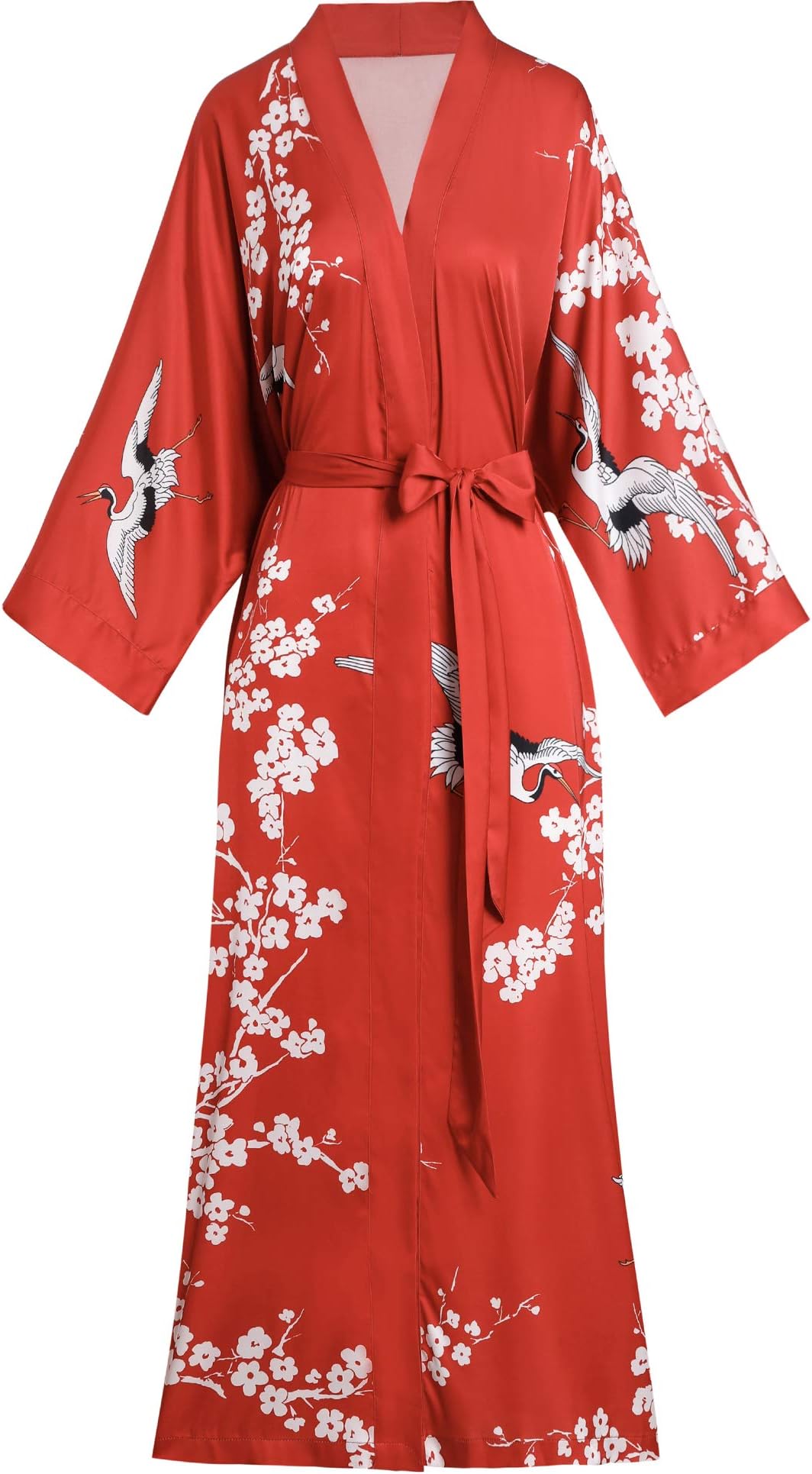 Aensso Long Soft Lightweight Silky Kimonos Robes for Women, Luxury Japanese Floral Womens Kimono Robe, Red Flowers, One Size