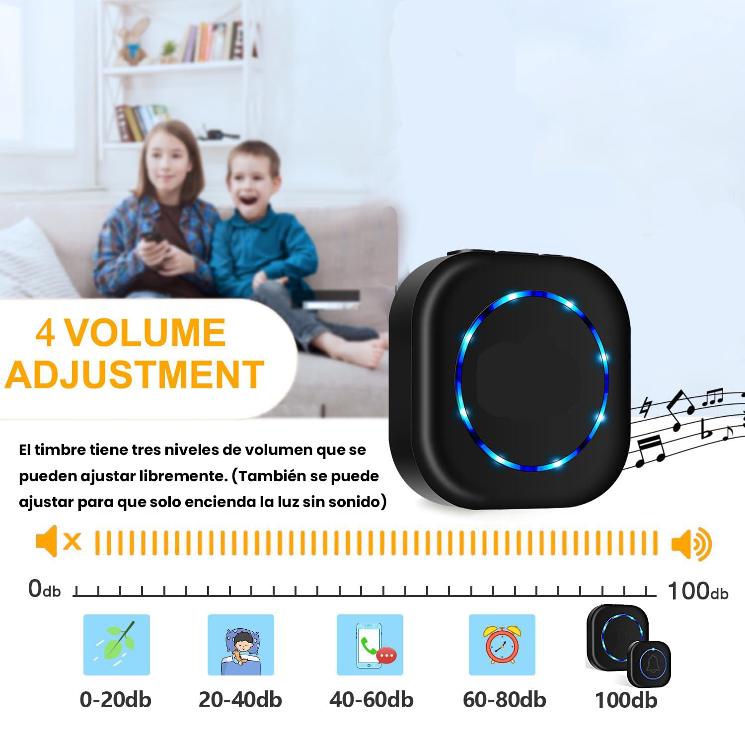 Timbre Inalámbrico Impermeable - Impermeable IP55, 300 Metros de Alcance, Enchufable, 38 Melodías y 4 Niveles de Volumen (0-110dB), para Puerta de Hogar, Hotel o como Timbre de Emergencia