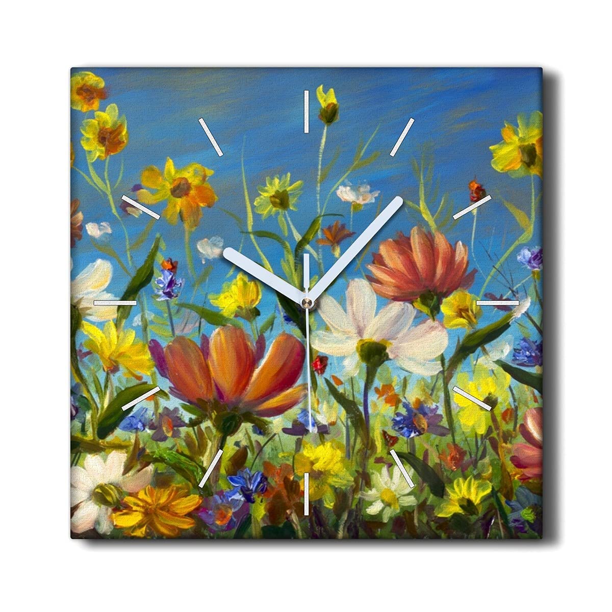 Horloge sur Toile 30x30cm Fleurs Prairie - Pendule Silencieuse pour Salon