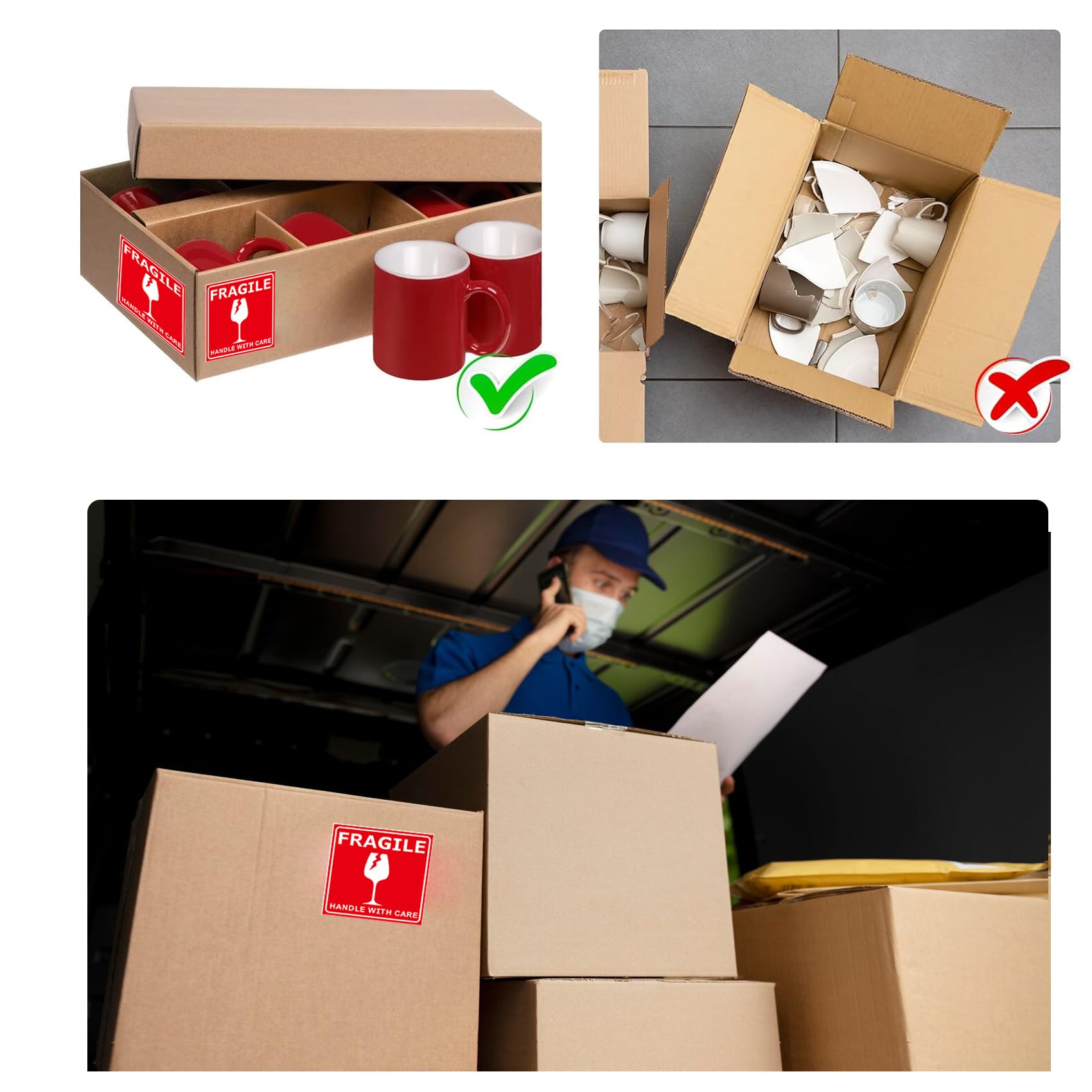 Fragile Stickers – Autocollants d'avertissement pour expédition avec poignée fragile avec soin – Adhésif puissant – Étiquettes fragiles d'emballage – 102 étiquettes adhésives permanentes par rouleau