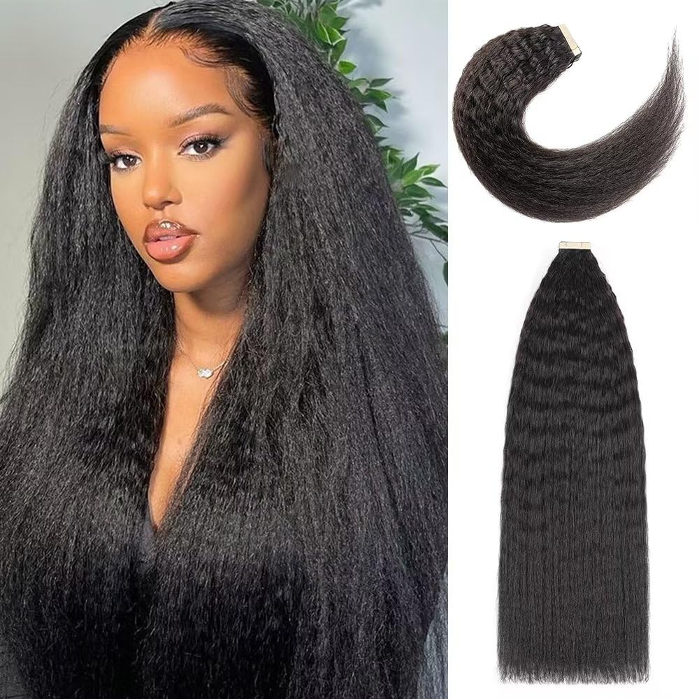 YDDM Tape in Noir Hair Extensions Kinky Straight cheveux naturel afro femme，cheveux afro extension Kinky Straight Tape Extension 100% cheveux humains réels Extension 22inch 20 Pièces/50g