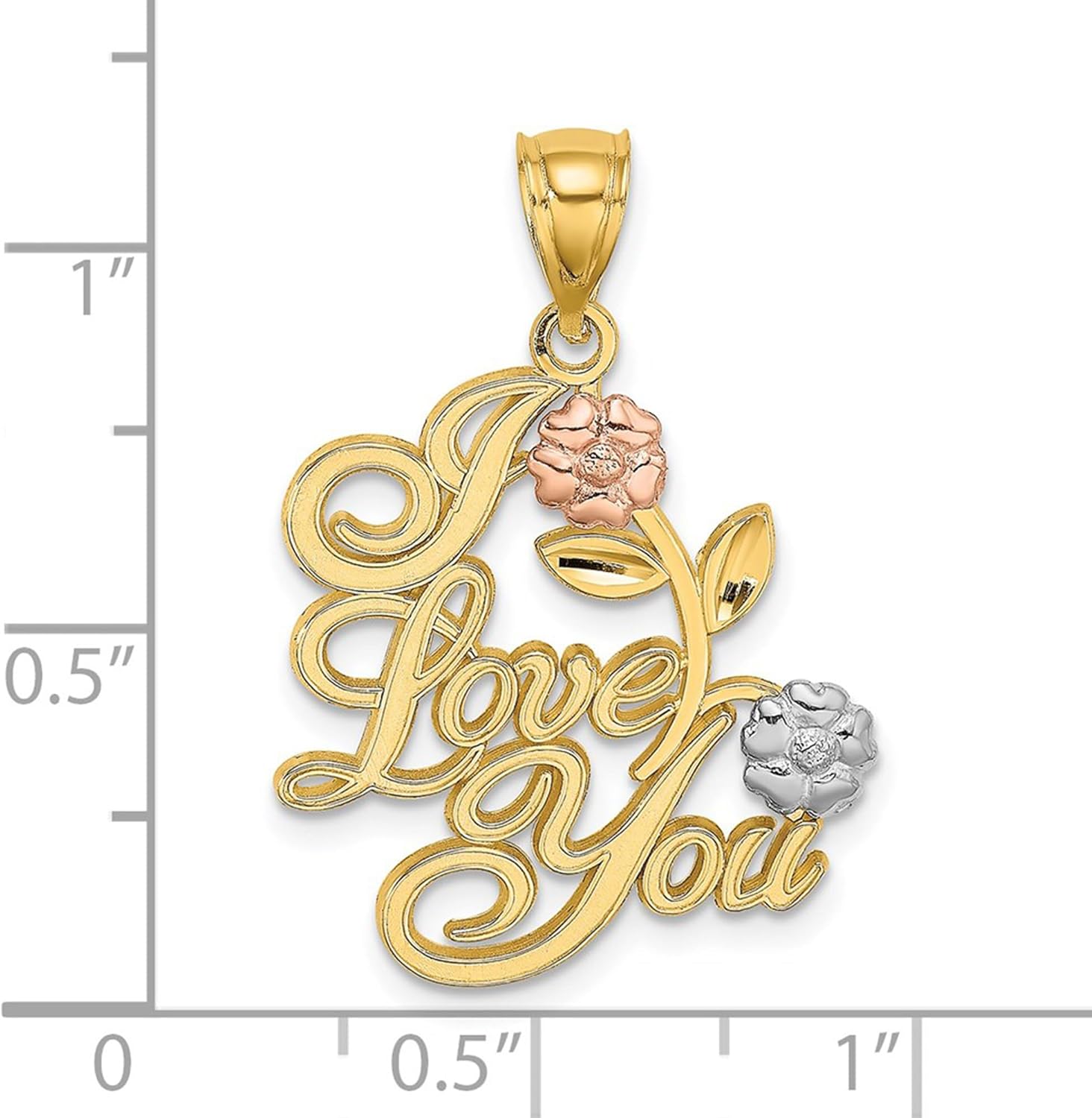 DEWBERRY 14k Two-tone Gold I LOVE YOU with Flowers Pendant (Weight : 1.76gm, Length : 26.75mm, Width : 20.2mm)