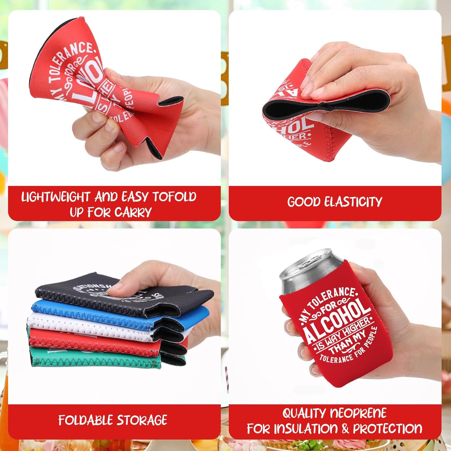 Funny Beer Can Cooler Sleeve, 12 Pcs Bulk Multicolor Quotes Insulated Neoprene Coolers Sleeves, Collapsible Drink Holder for Soda Cans and Water Bottles Travel Camping Birthday Party Supplies - Image 6