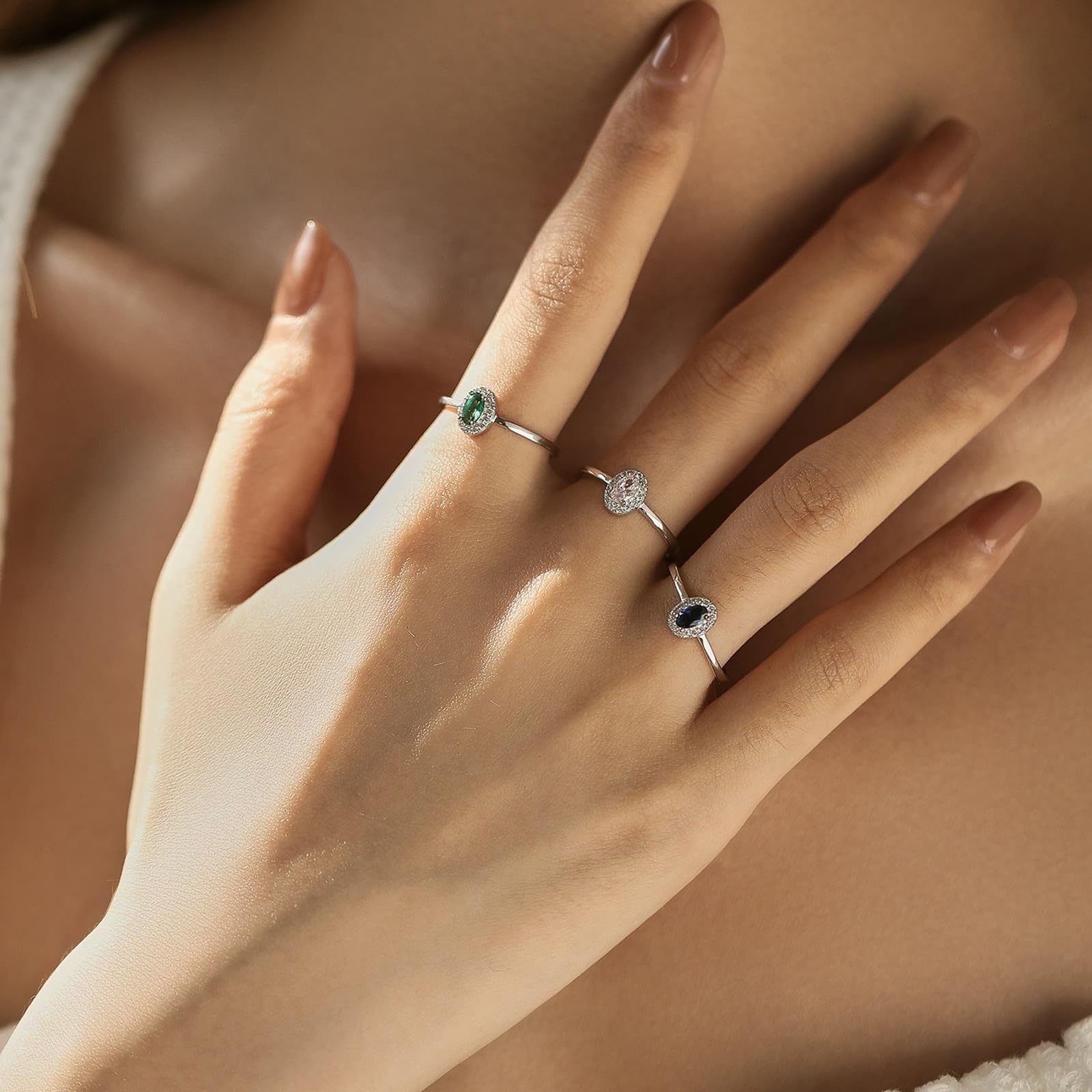 Wycian Cadeau Personnalisé Bague de Mariage Or Blanc Bleu Royal 9K/14K Au375/Au585 3X5mm Saphir Créé en Laboratoire pour Sœur Épouse