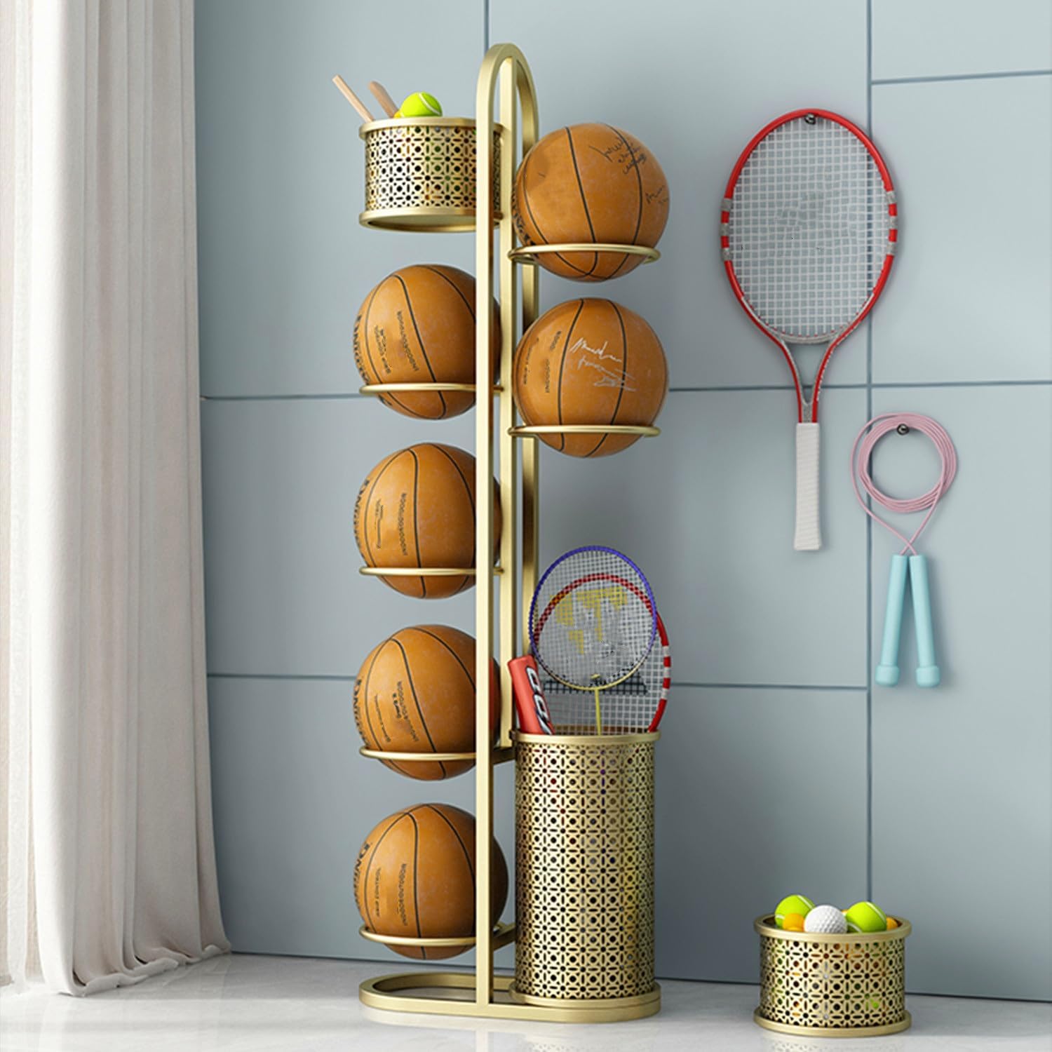 Large Ball Sports Equipment Storage Rack with Basket, Ball Holder and Basketball Rack, Athletic Gear Organizer Stand for Garage Indoor Outdoor, Gold