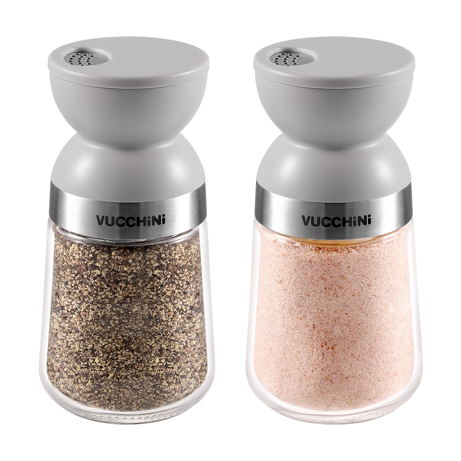 Vucchini Salt and Pepper Shakers Set,3 Different Pour Options,Dishwasher Safe,Double Sphere Design Dispenser,Detachable,Grey