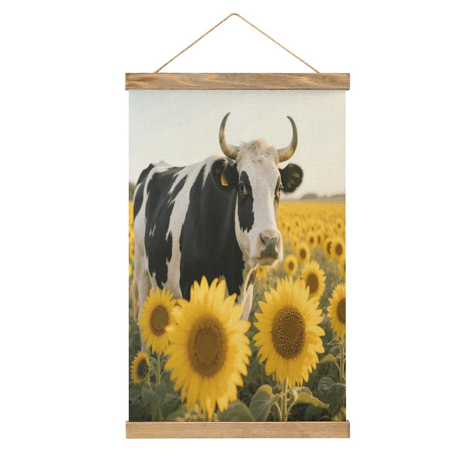 VstaDank Cow Sunflowers Linen Hanging Painting Vintage Canvas Wall Art Poster Reading Nook Corner Decor Retro Wall Decor Prints for Library Reading Room Home 13.2 X 20.47 Inch