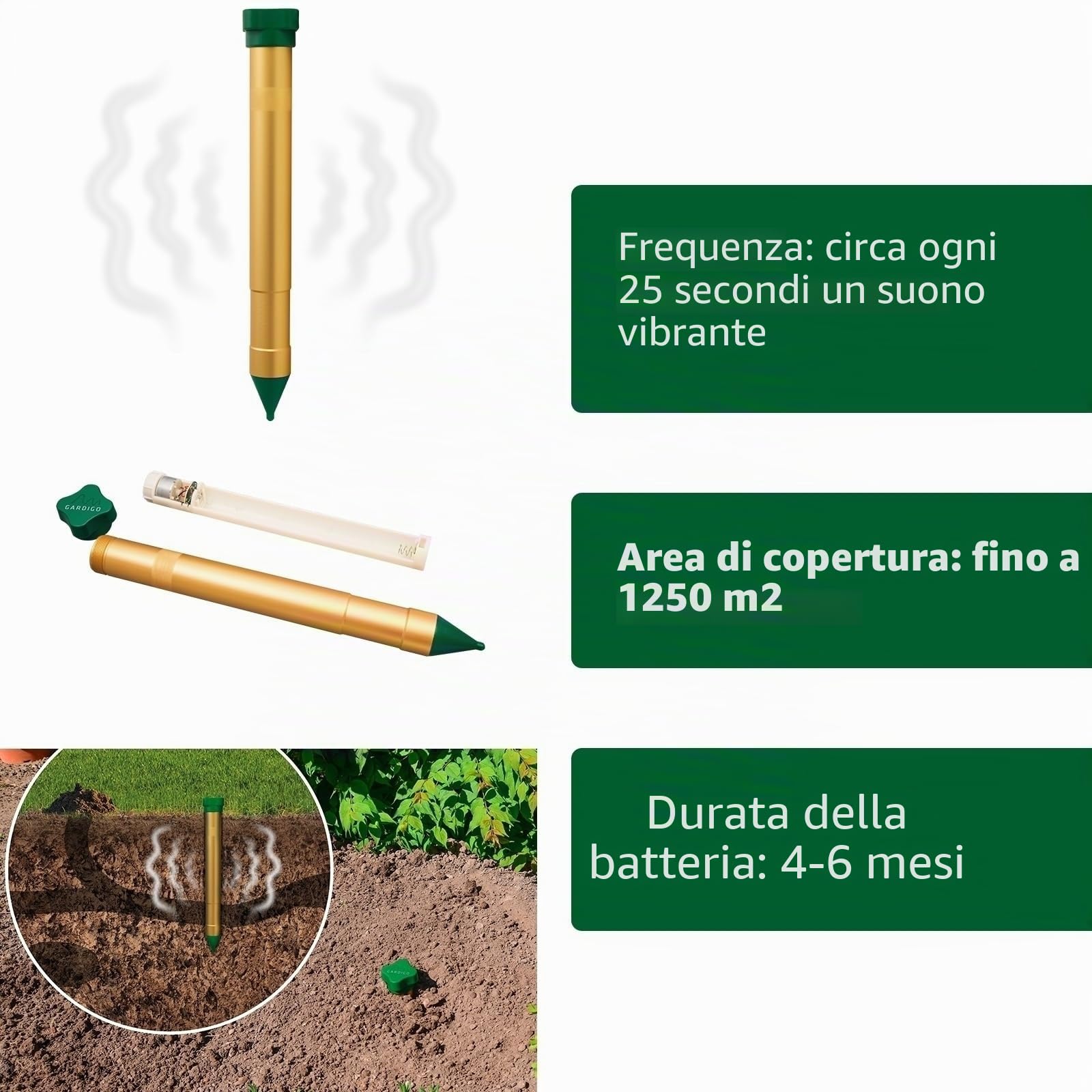 GARDIGO® Set 2 Dissuasori per Talpe Antitalpa da Giardino Allontana Talpe | ca. 1250 m² | Motore a Vibrazione | Frequenze Alternate | a Batterie | Scaccia Talpe