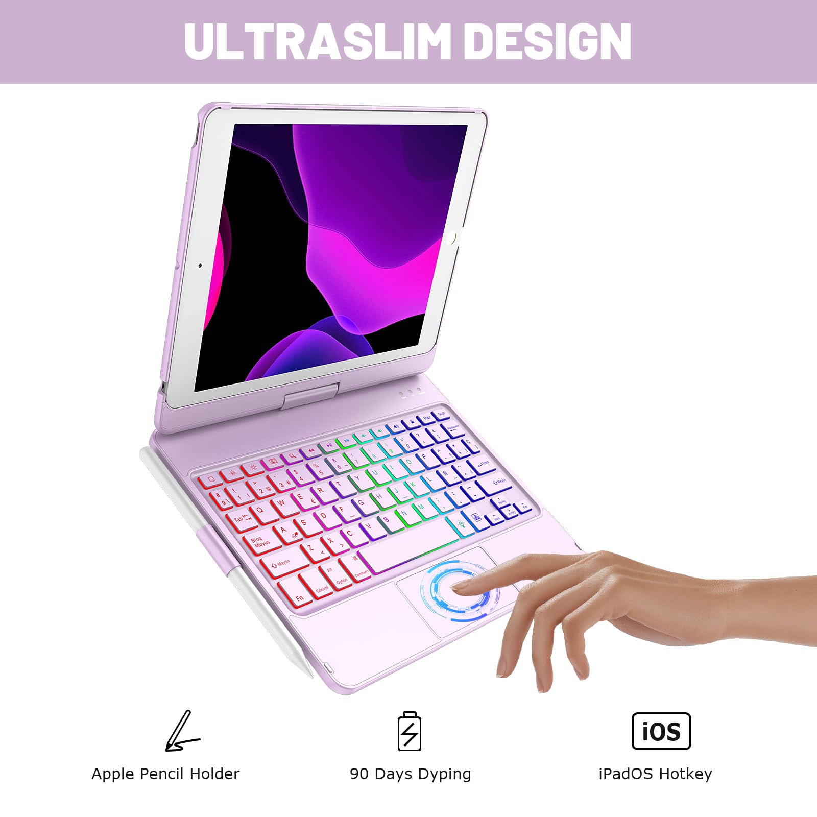 Custodia con Tastiera Touchpad per iPad 9a Gen 10.2" 2021,Tasti Multi-Touch e Retroilluminati,Ruotabile a 360° e Supporto per Matita,Custodia con Tastiera Trackpad per iPad 10.2 iPad 9a/8a/7a
