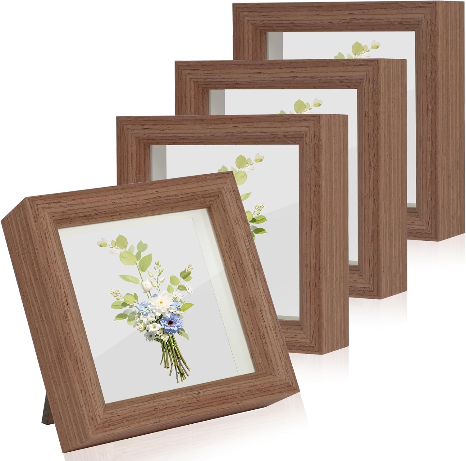 4x4 Picture Frames Set of 4, Mini Square Small Photo Frame Wallet Size Wooden Shadow Box Frame with Real Glass Cover for Farmhouse Tabletop Display, Rustic Brown