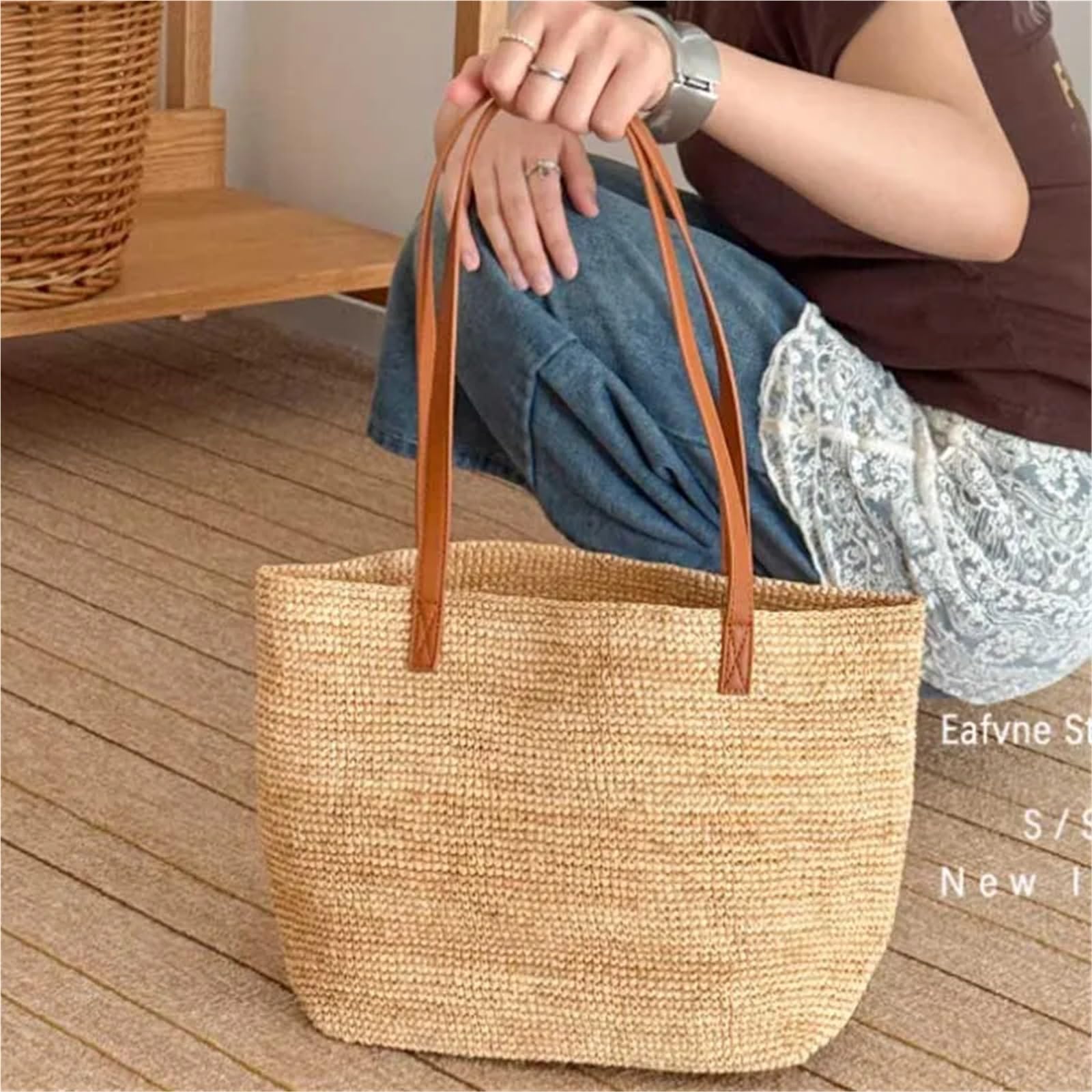 Bolso de Playa Trenzado Bolso tejido de hierba for mujer, bolso playa gran capacidad for vacaciones verano, hombro