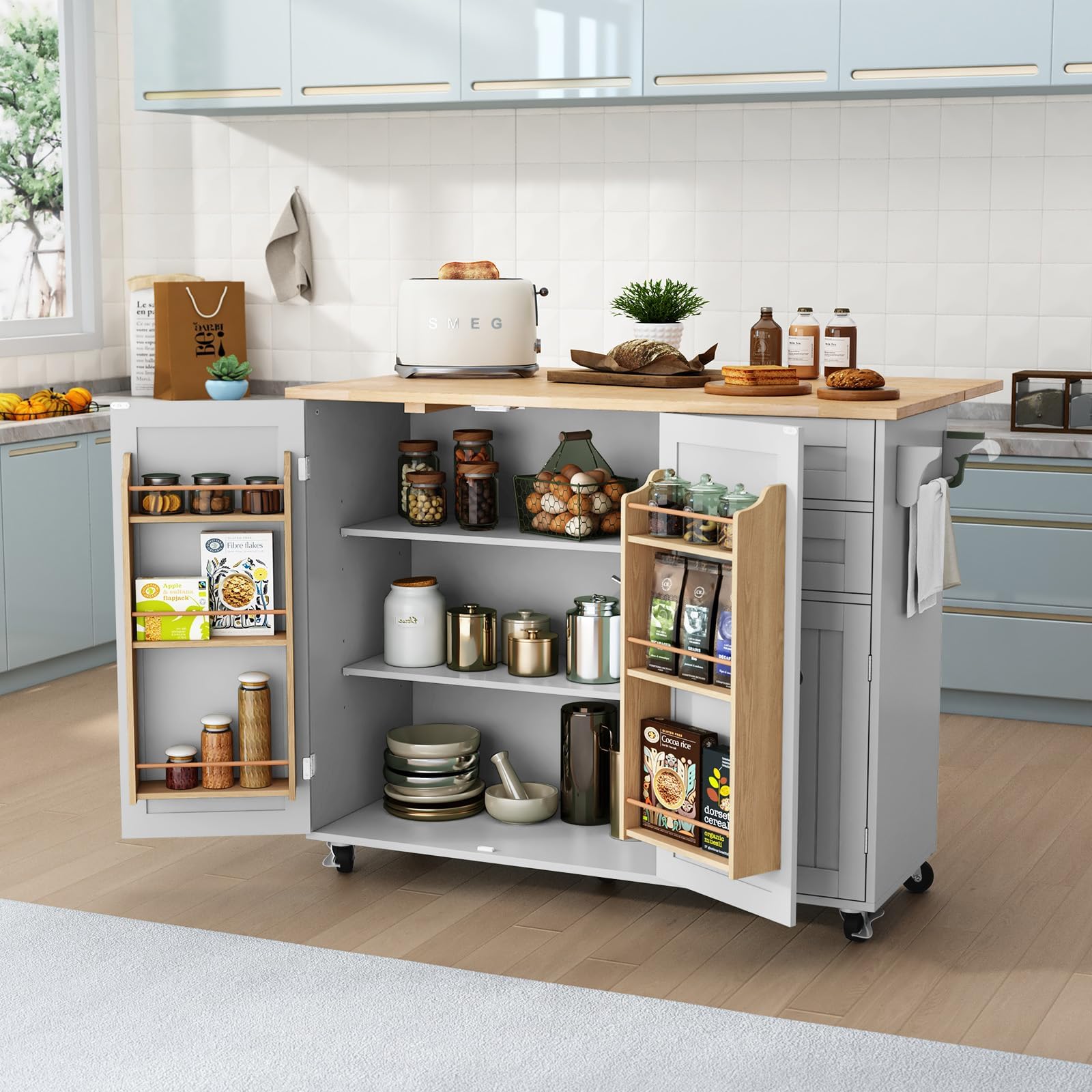 HLR Kitchen Island with Storage, Grey Rolling Kitchen Island on Wheels with Drop-Leaf Bar Countertop, Prep Table with Side Open Spice Rack and Tower Rack, Home Bar Carts with Storage