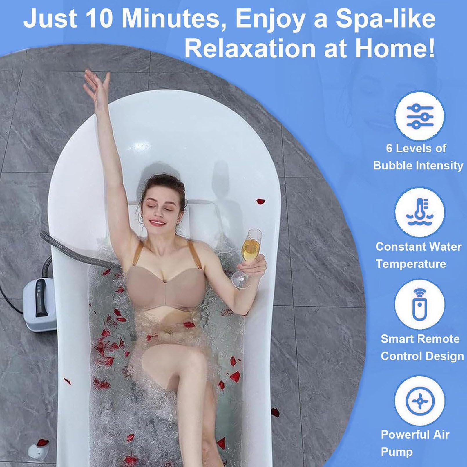 Massaggiatore portatile per bagnoschiuma, tappetino antiscivolo impermeabile spa con fondo a ventosa, tappetino vasca da bagno con telecomando e cuscino, pompa dell'aria elettrica e bolle regolabili