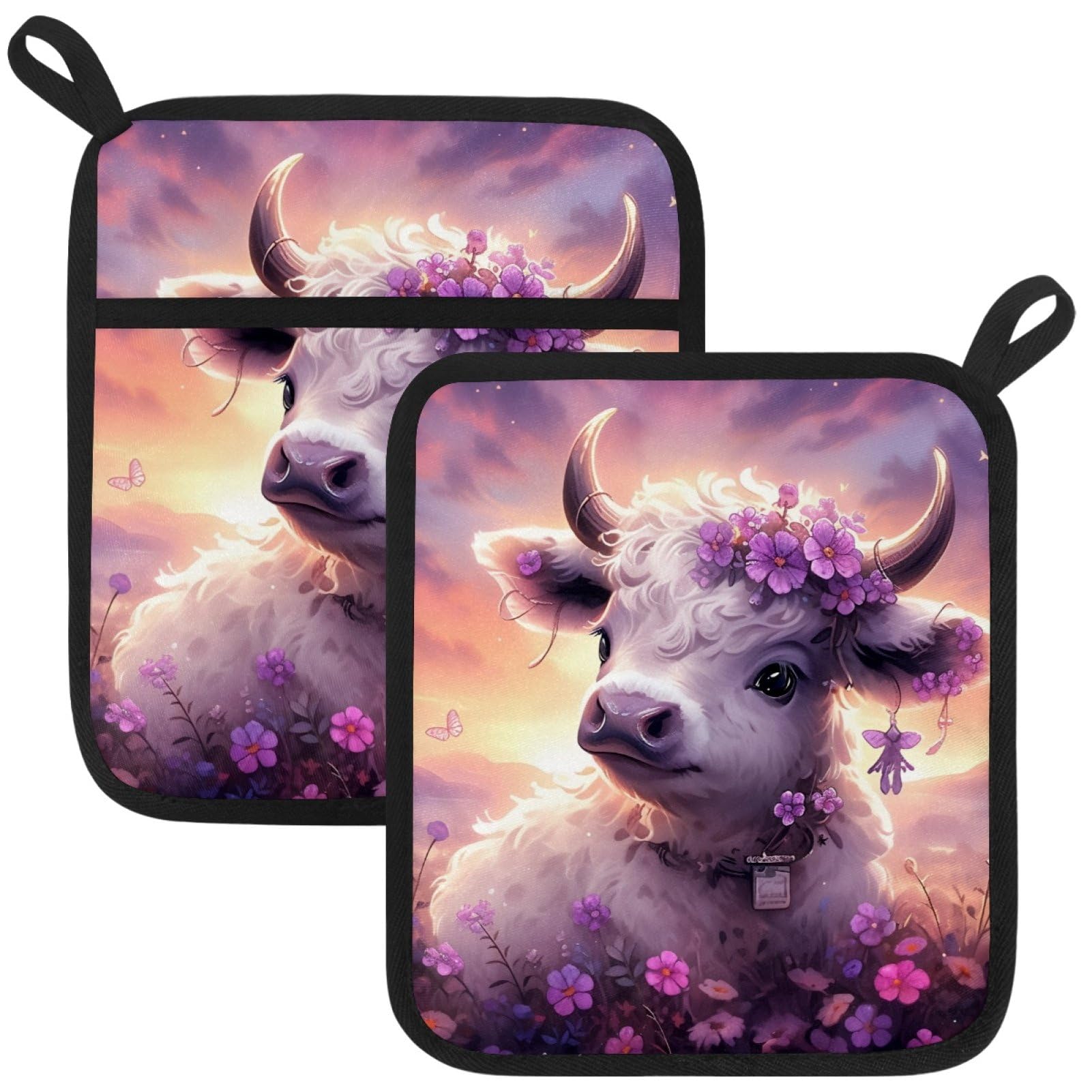 VAPOKF Cow Flower Heat Resistant Pot Holders, Thick Pot Holders Pad with Hanging Loop for Kitchen, Oven Cloth Pads for Kitchen Baking Microwave Oven