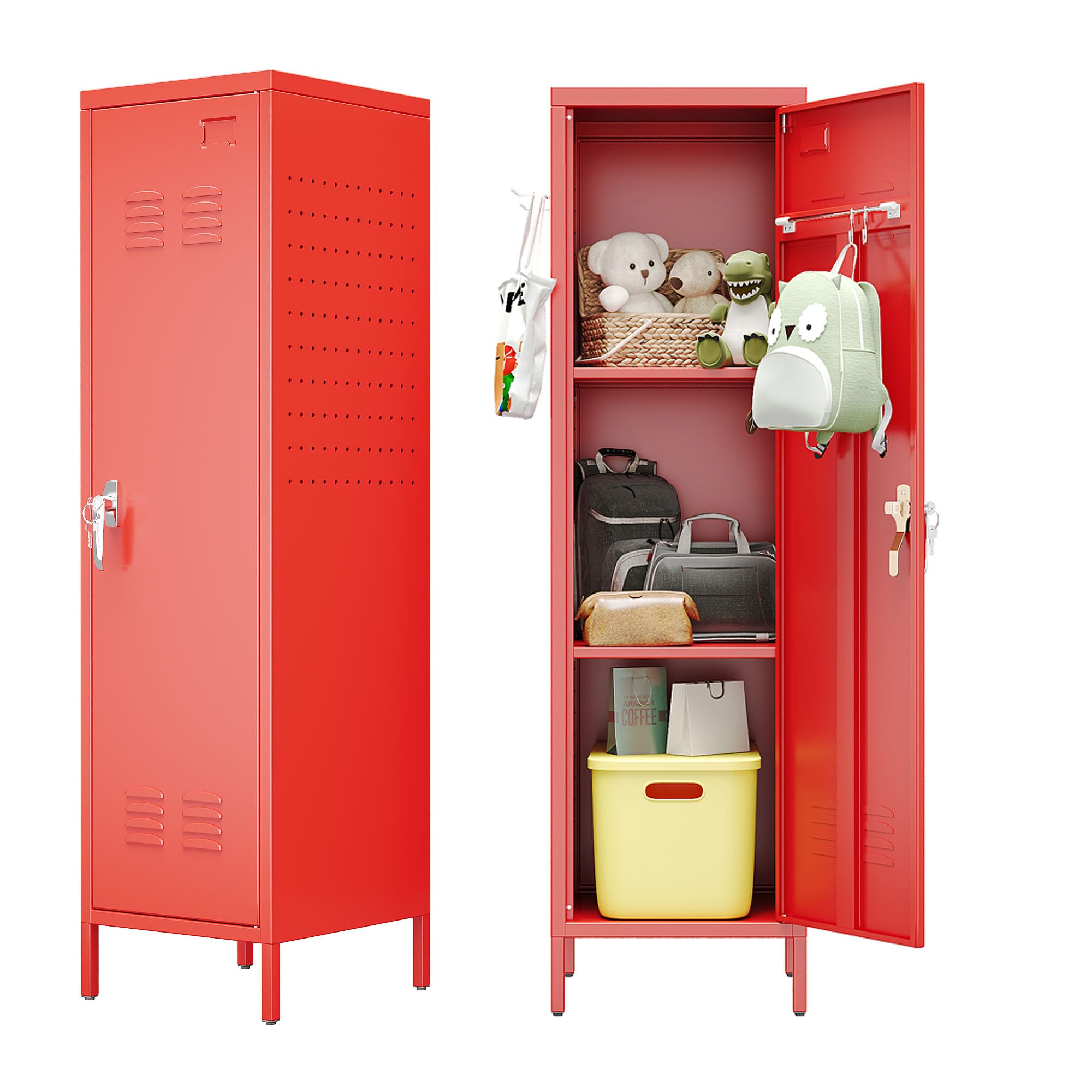 Aobabo Metal Locker, 54" H Metal Storage Locker for Employees, Lockable 1 Door with Towel Rack and 2 Side Pegboards with Hooks for School Office Gym Home, Assembly Required (Red)