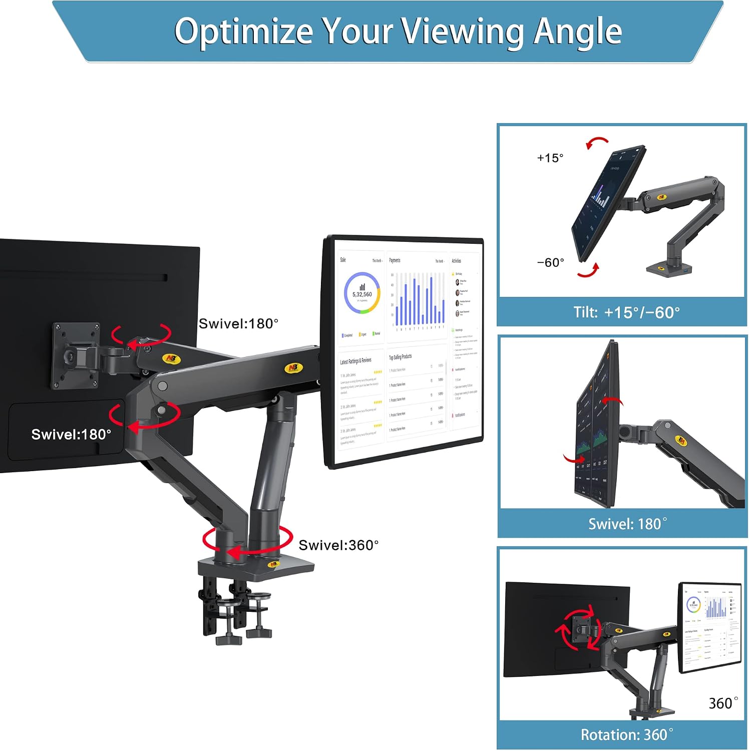 Diagram showing maximum upright height and maximum extension of the monitor arm