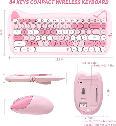 Miniatura 6 de GEEZER - Lindo teclado inalámbrico, mouse con teclado inalámbrico retro de 2.4 GHz, muy colorido, compatible con Windows, computadora, PC,