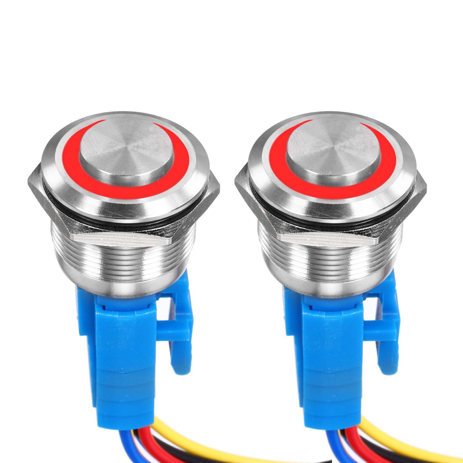 DMiotech 2 Pack 7/8 Inch Stainless Steel Momentary Push Button Switch Domed Head 5A 110-220V Silver Shell with Cable Socket Red LED 1NO1NC for Car Boat Systems Custom Setups