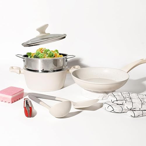 Juego de ollas y sartenes antiadherentes de 9 piezas, juego de utensilios de cocina de inducción con olla de 2.5 cuartos de galón y vaporizador de