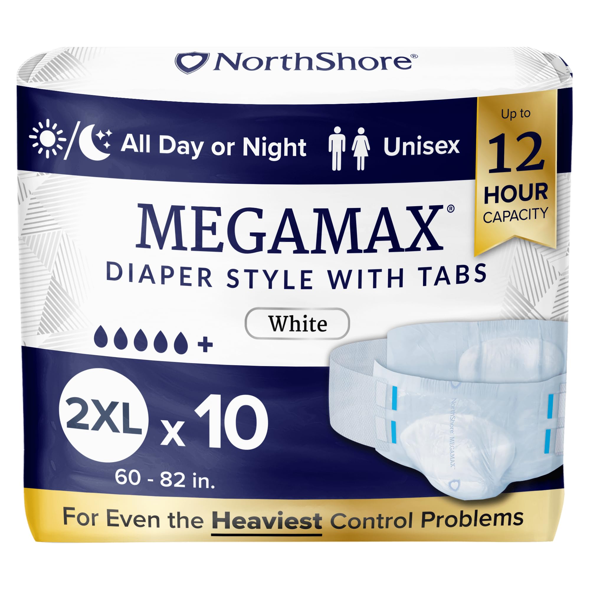 NorthShore MegaMax 12-Hour HBL Adult Diapers for Heavy Bladder Leaks, 2X-Large, 10 Count, White, 60-82 inches, Tab-Style Incontinence Underwear for