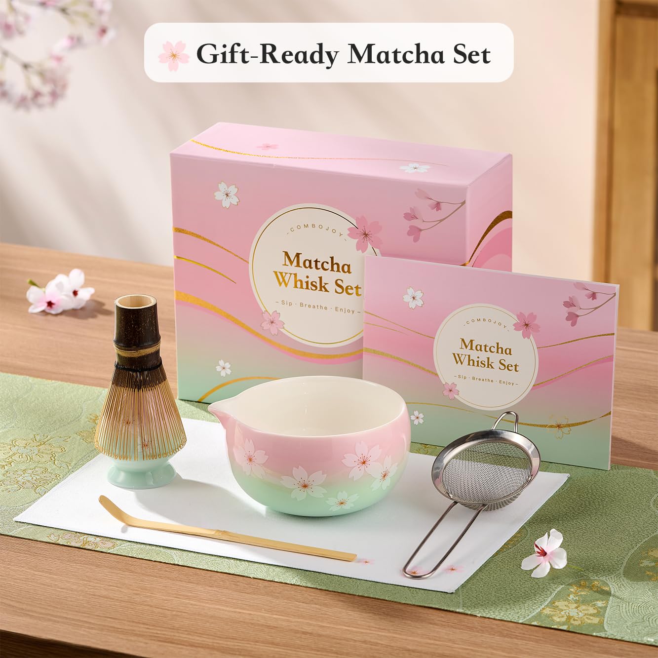 ComboJoy Zestaw trzepaczki Matcha – zestaw japońskiej ceremonii parzenia herbaty z ceramiczną miską, fioletową trzepaczką bambusową (Chasen), uchwytem, przesiewaczem i szufelką, kompletny zestaw