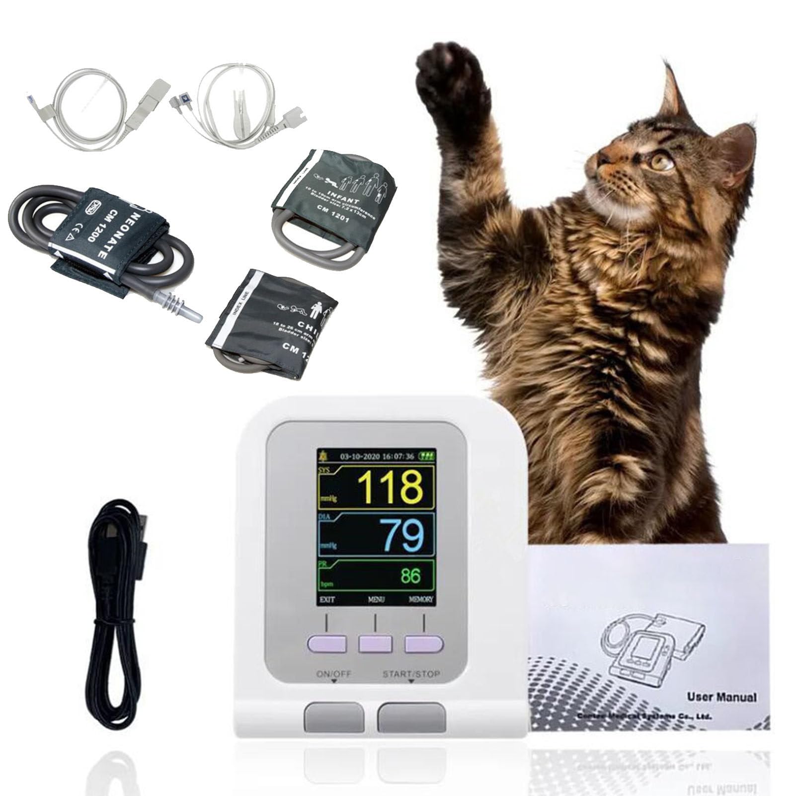Brazalete para monitor de presión arterial veterinario digital, equipo para el cuidado de animales para perros, gatos y mascotas, esfigmomanómetro de 3 modos y 3 brazaletes con medición de oxígeno