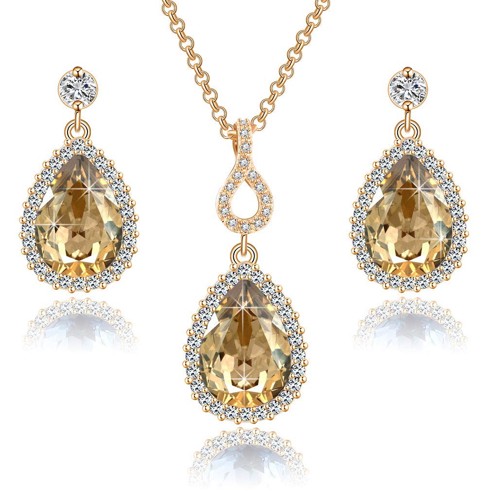 Austrian Crystals Teardrop Pendant Necklace Earrings for Women 14K Gold Plated Hypoallergenic Jewelry Set