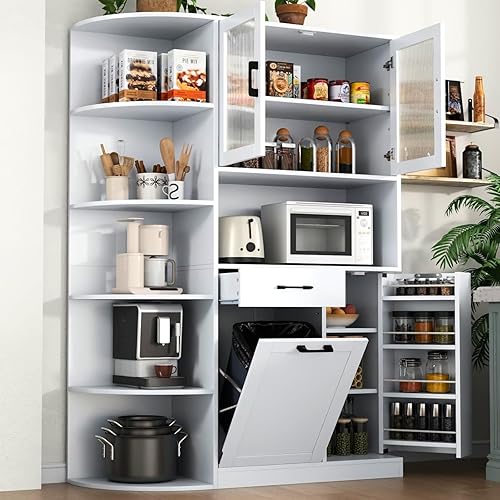 Loomie Armario de despensa de cocina con almacenamiento de basura inclinable y estantes laterales de 5 niveles, cacerola independiente con soporte