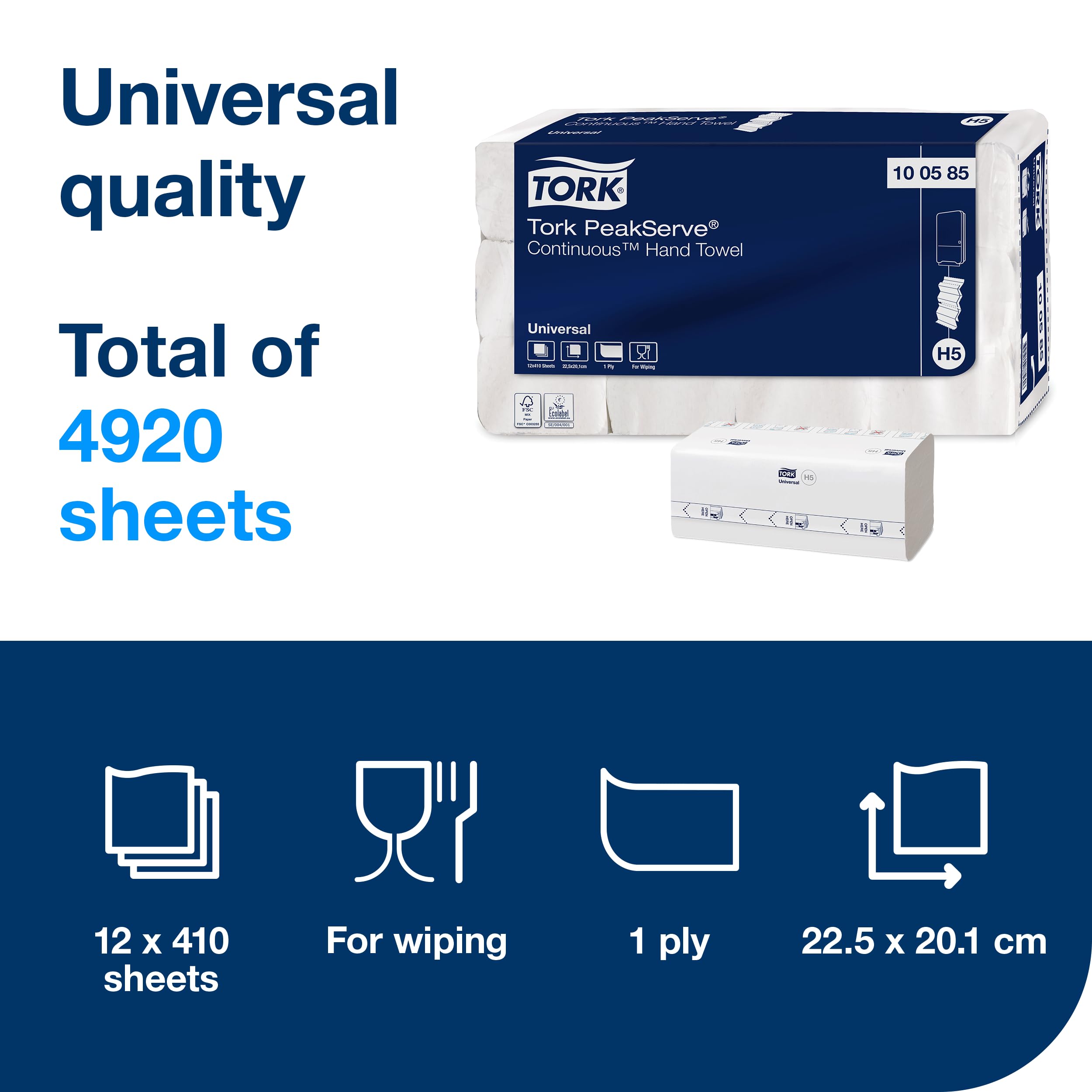Tork PeakServe Endlos-Papierhandtücher Weiß H5, Universal-Qualität, komprimiert, 12 × 410 Tücher, 100585, Mittel