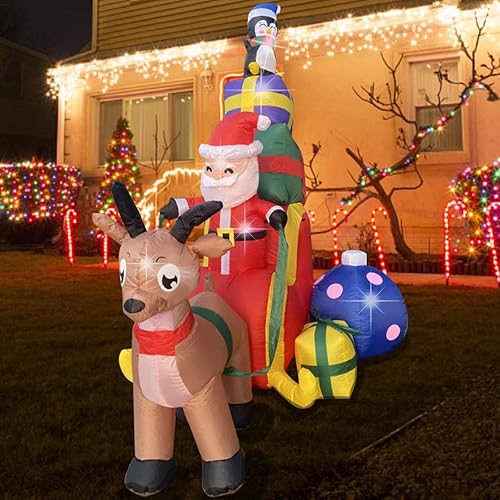 Miniatura 7 de Inflables navideños de Papá Noel con trineo de renos, pingüinos y cajas de regalo, decoraciones al aire libre, luces LED integradas, decoración de