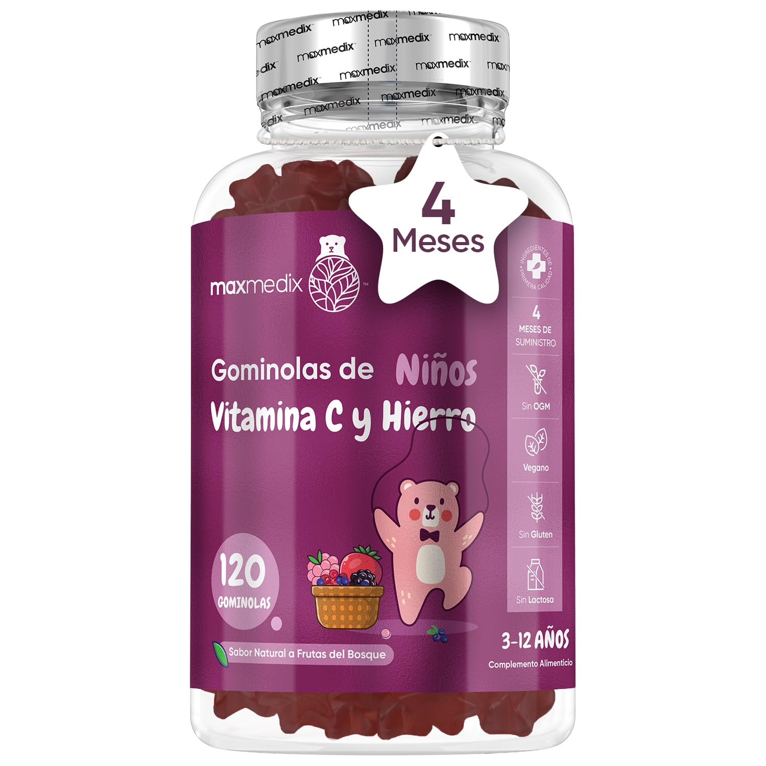 Gominolas de Hierro y Vitamina C Para Niños Sabor Frutas a del Bosque 120 Unidades - Gominolas de Vitaminas Fuente de Energía, Apoyo al Sistema Inmunitario y Defensas para Niños, Para 4 Meses