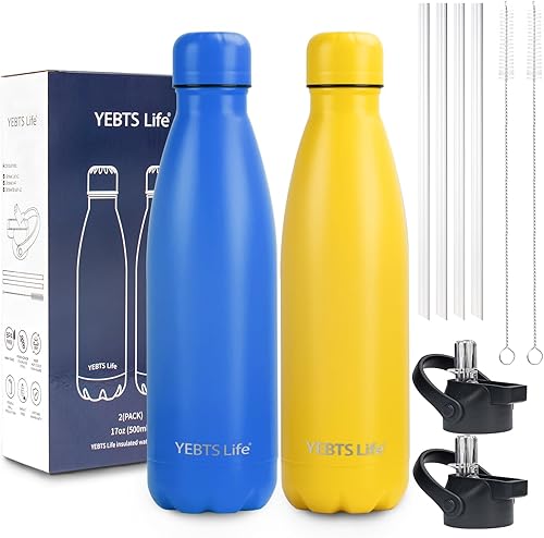Miniatura 24 de Botella de agua aislada, paquete de 2 botellas de agua de acero inoxidable de 12 onzas con tapa con pajilla, botellas de agua deportivas de metal