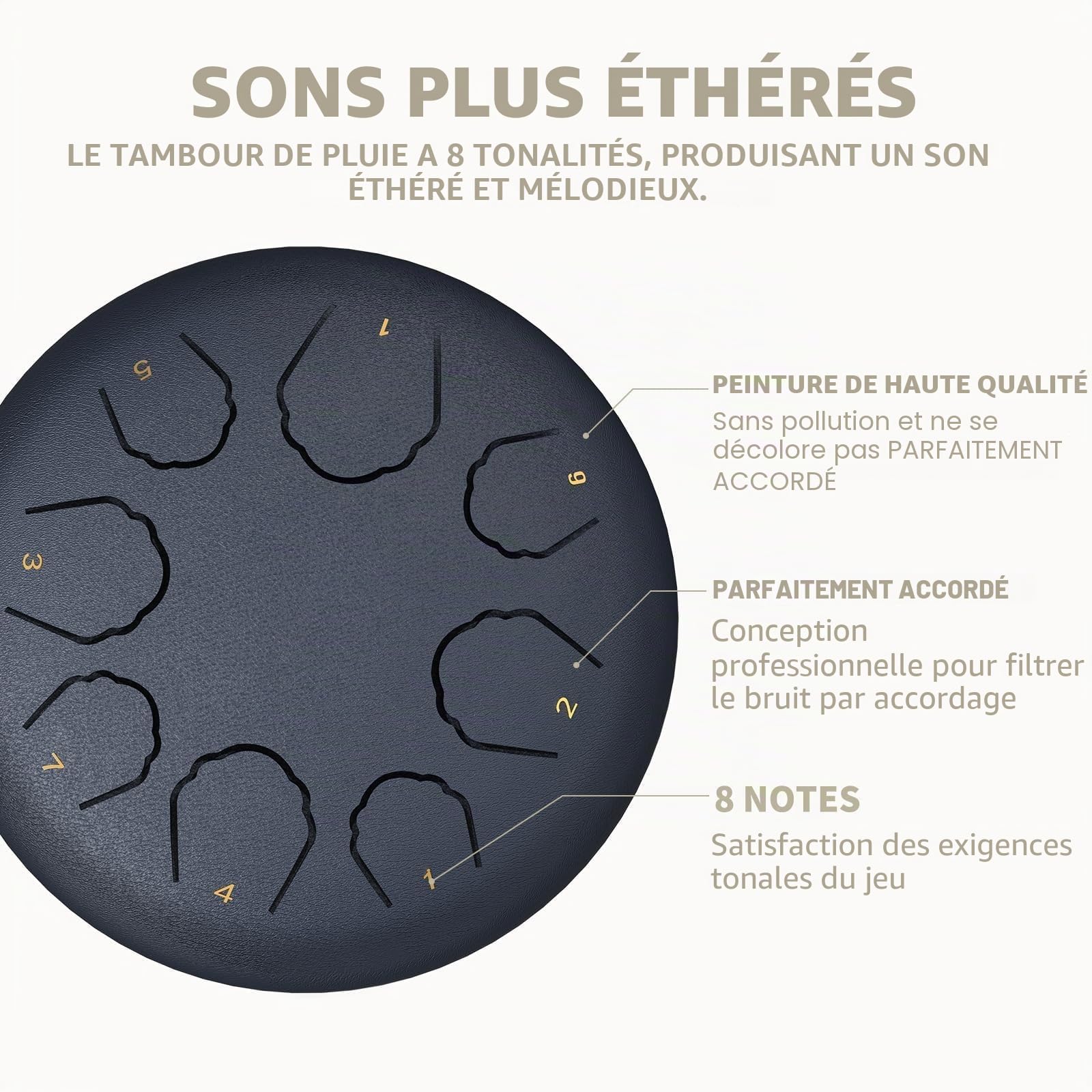 Tambour de pluie pour extérieur, 15,2 cm, 8 tons en acier, Handpan, Steel tongue drum, Convient aux débutants, Comprend une housse de transport, des partitions et des baguettes (Bleu marine, 6 Inch)