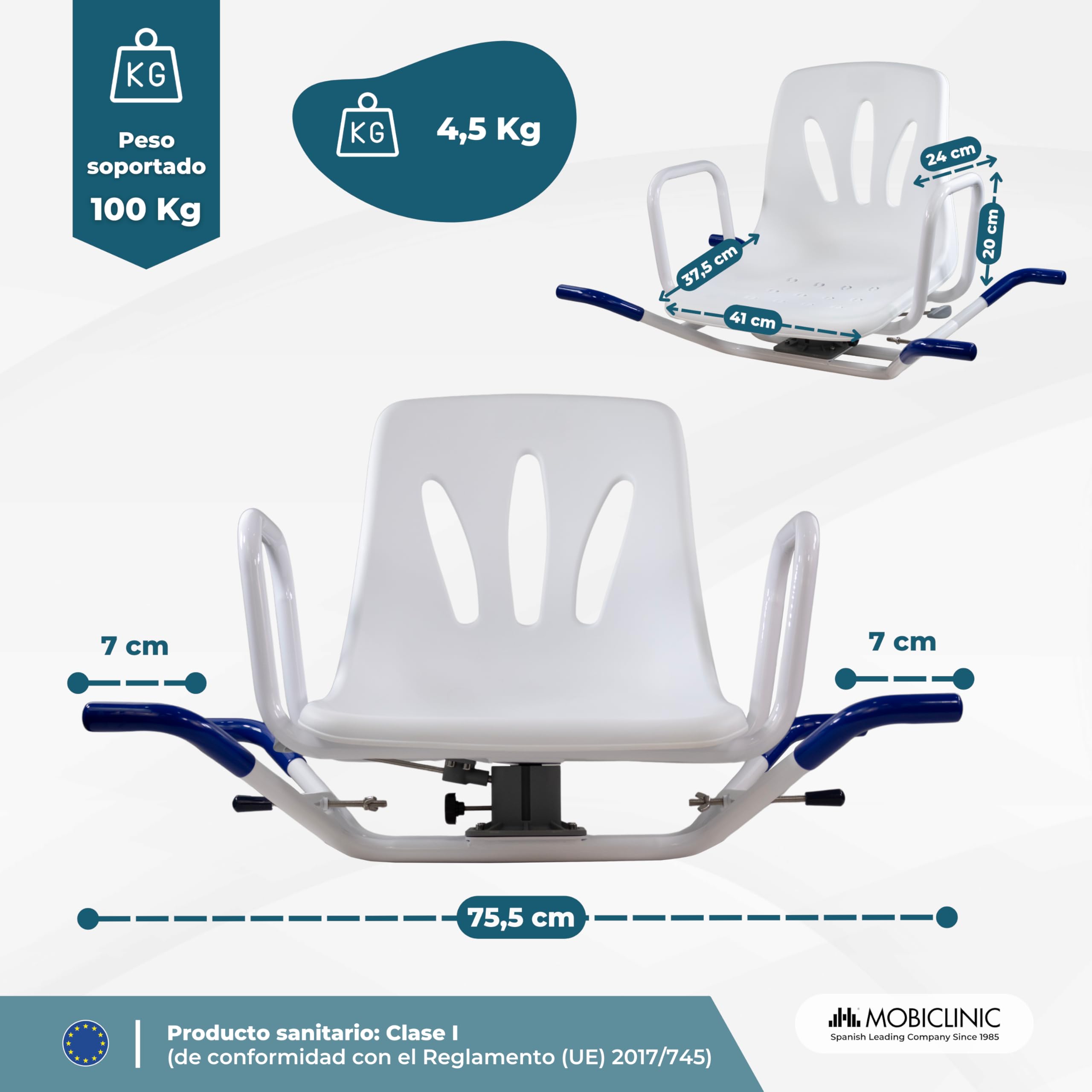 Mobiclinic®, Silla de Baño Giratoria 360º, Reposabrazos y Respaldo, Anatómica, Marca española, Resistente al Agua, para Personas Mayores, con discapacidad o Movilidad Reducida, Lago