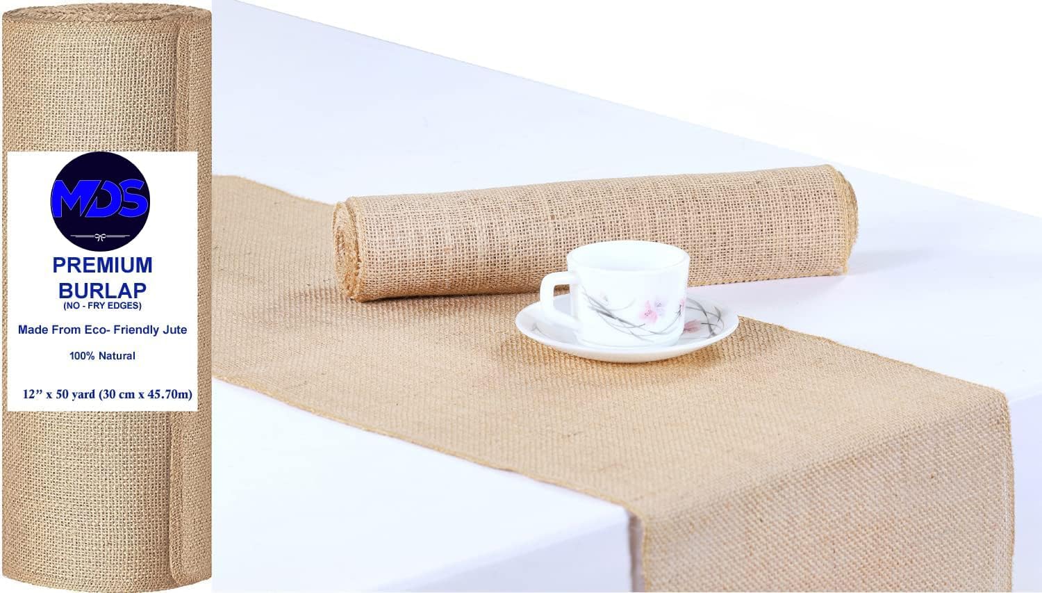 MDS Pack of 1 Wedding Burlap Table Runners 12 Inches x 50 Yards Long Roll for Farmhouse-Style, Woven Jute Fabric Placemats or Centerpieces and Rustic Home Decor for Outdoor Tables - Natural