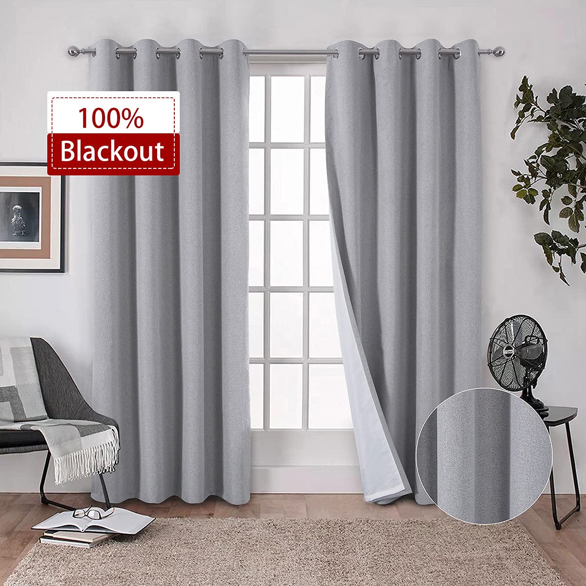 always4u 100% Blackout Curtains for Bedroom 1 Pair Modern Linen Look Window Treatment for Home Decoration 3-layer Fully Lined Thermal Curtain Grey 46x90 - Image 2