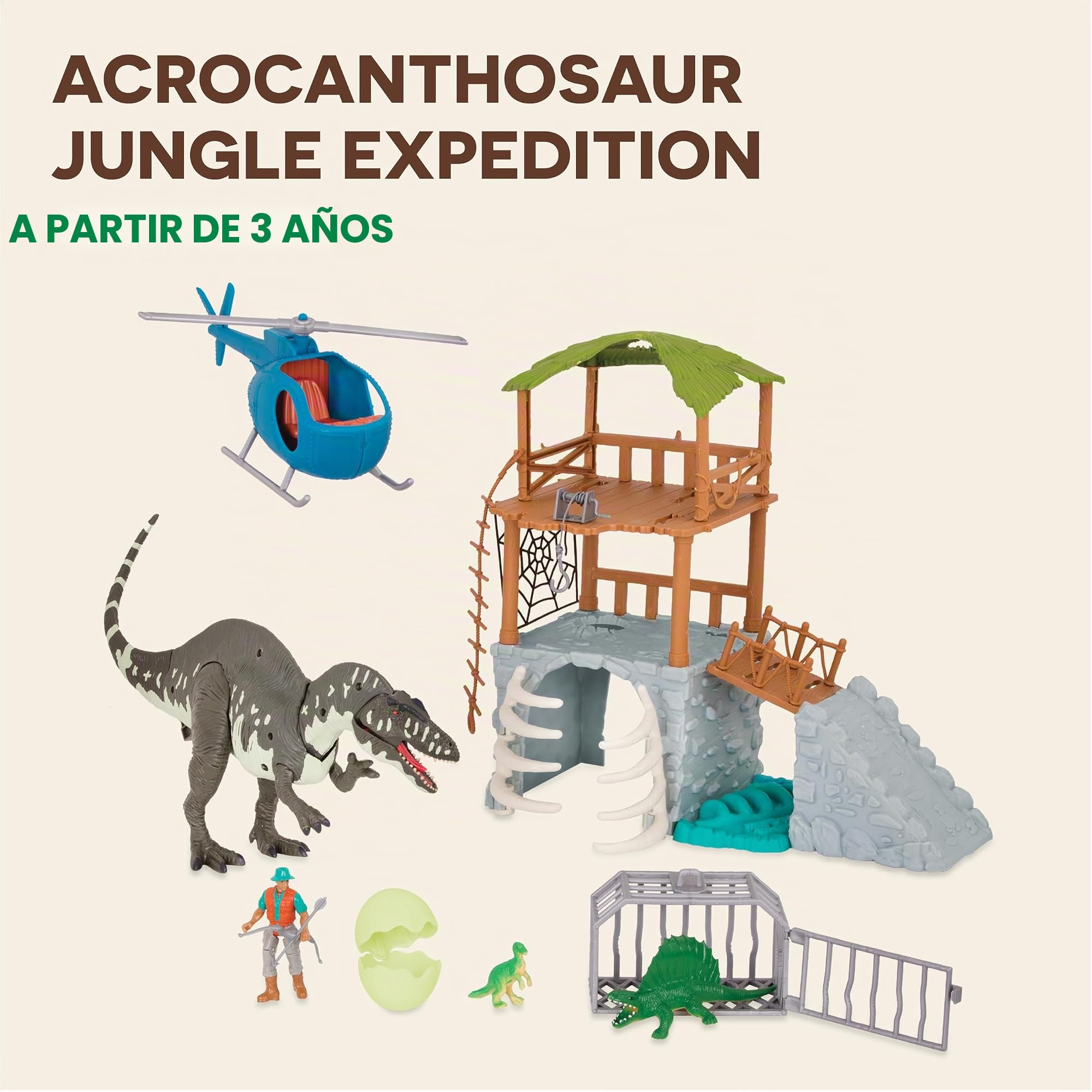 Terra by Battat - Acrocanthosaur Jungle Expedition, Juego electrónico | Set de 13 piezas con dinosaurio electrónico, helicóptero, torre, jaula, figura, huevo y accesorios de jungla, 3 años y +