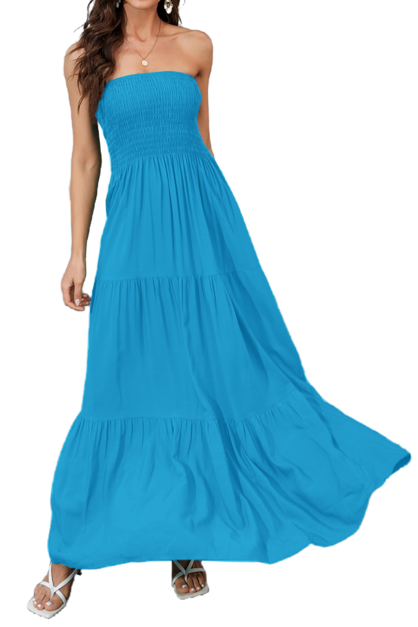 Daenery Women Strapless A Line Maxi Dress Tube Top Backless Casual Summer Dress, Blue Azure, XL