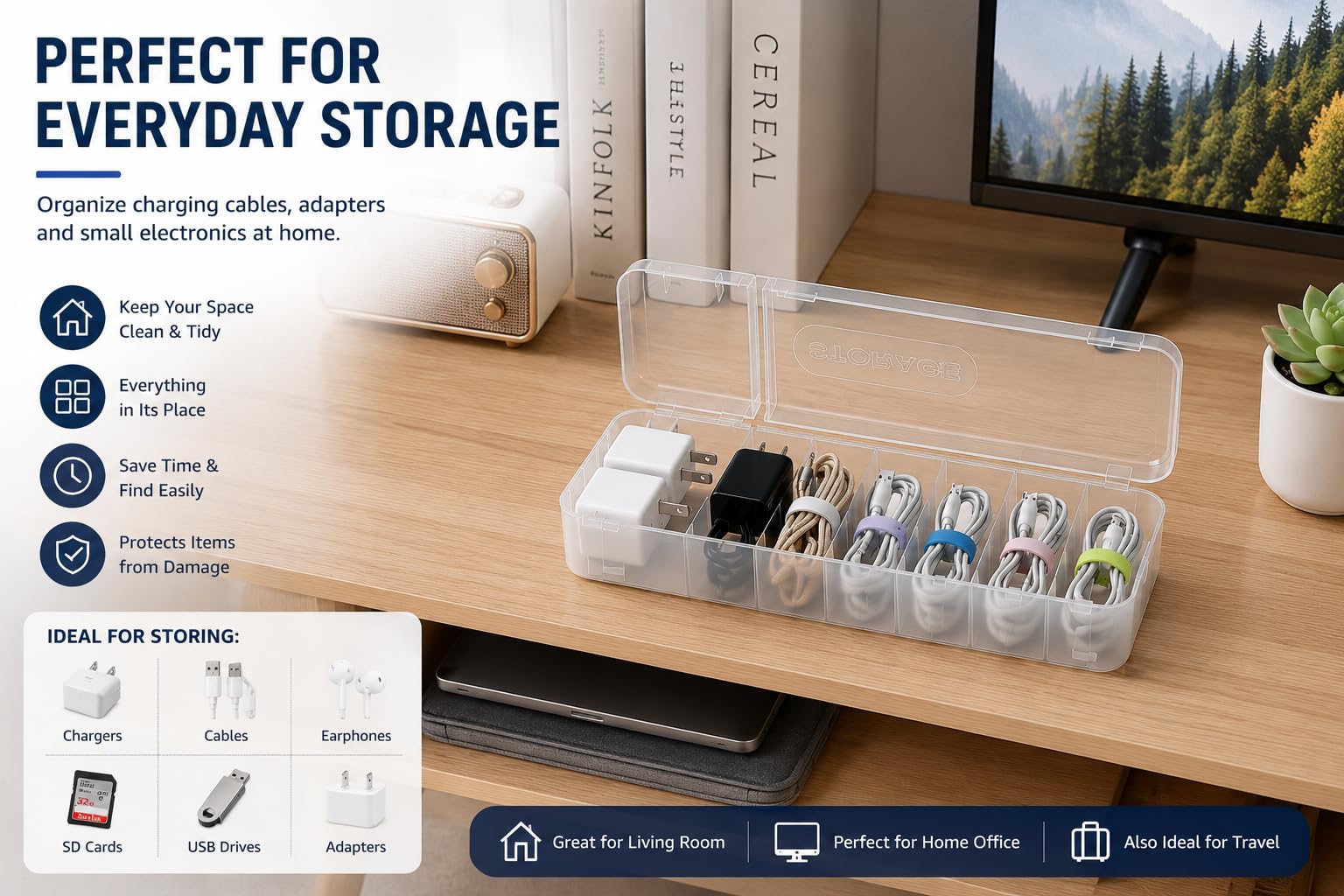 Caja de almacenamiento para cables, 2 unidades, 7 compartimentos, transparente con 12 bridas, organizador de doble apertura