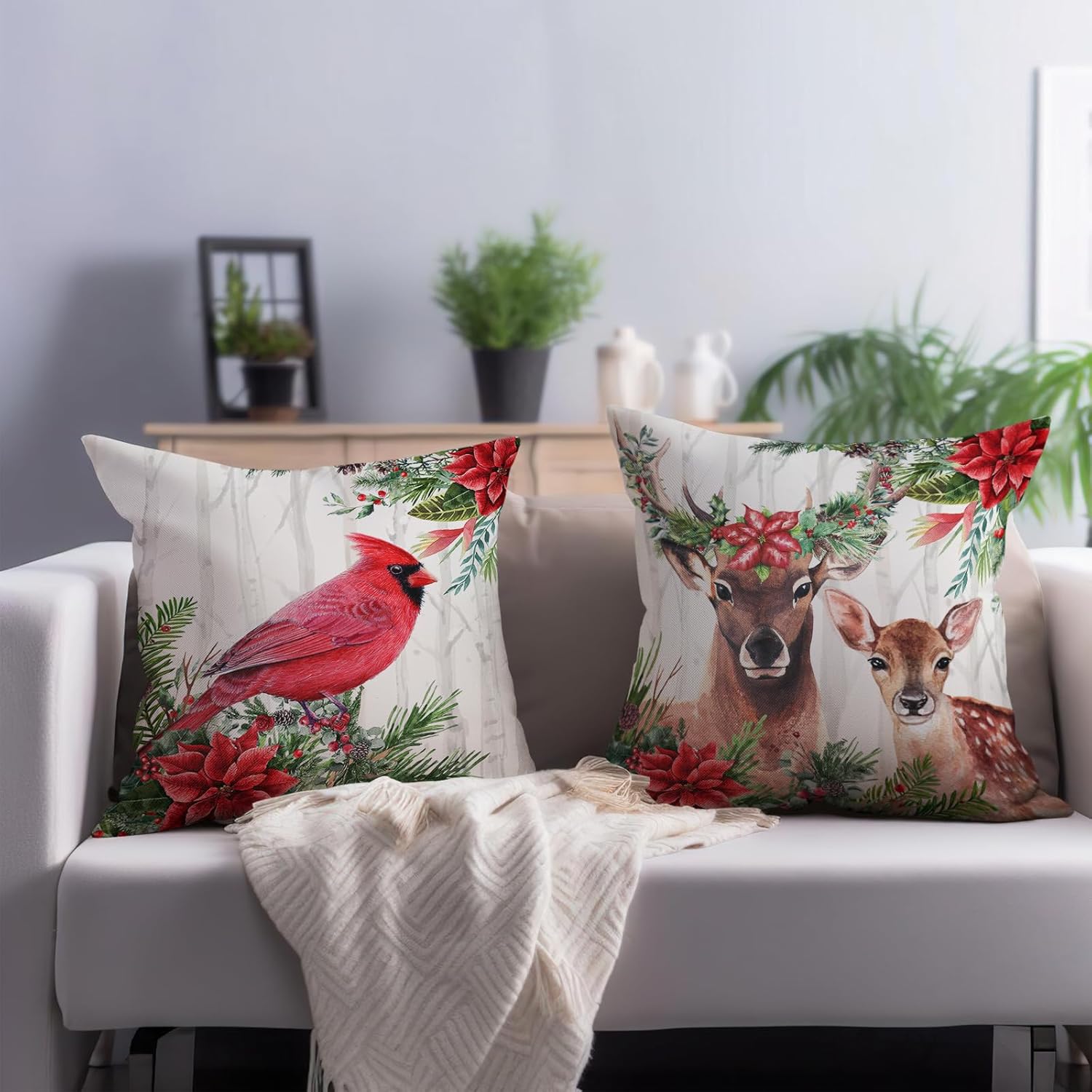 Cryfox Xmas Deer Cardinal Pillow Cover Set of 2 Christma Holiday Pillow Cases 18x18 Inch Winter Flowers Pillow