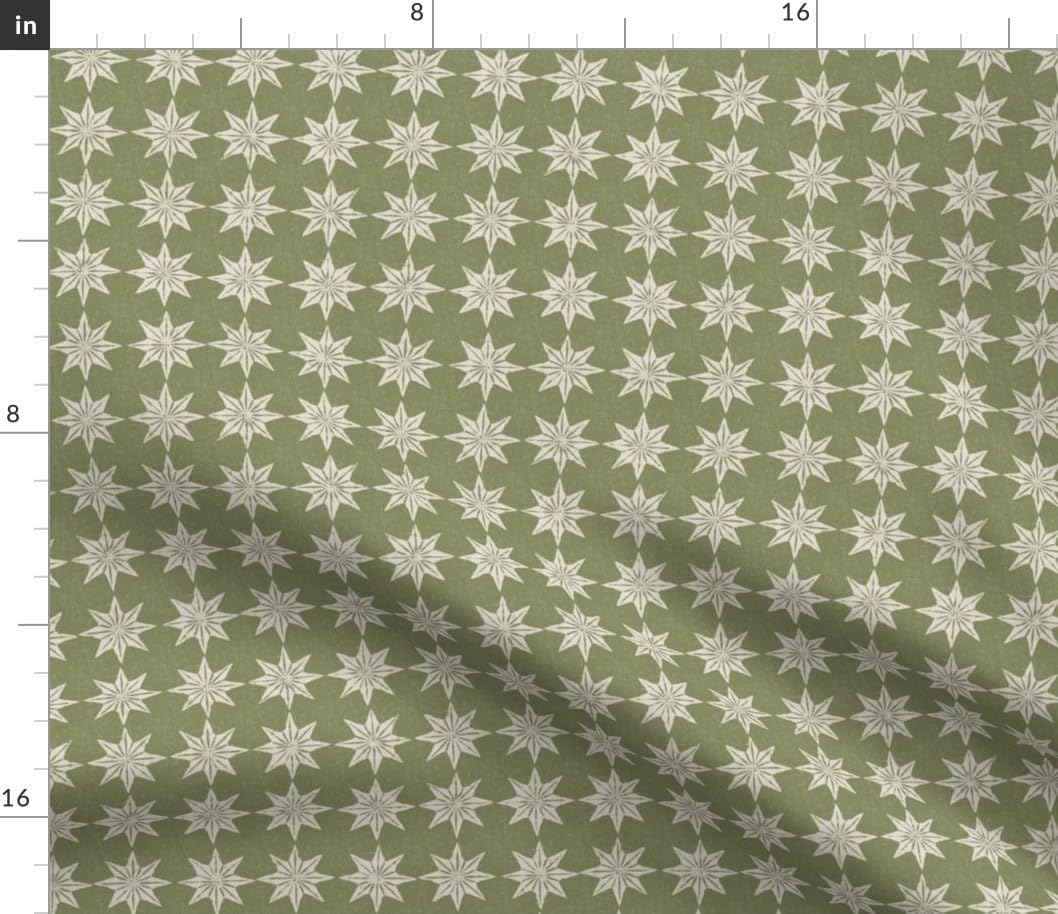 Spoonflower Fabric - Boho Geometric Green Stars Autumn Sage Farmhouse Preppy Cottagecore Printed on Petal Cotton Fabric Fat Quarter - Sewing Quilting Apparel Crafts Decor