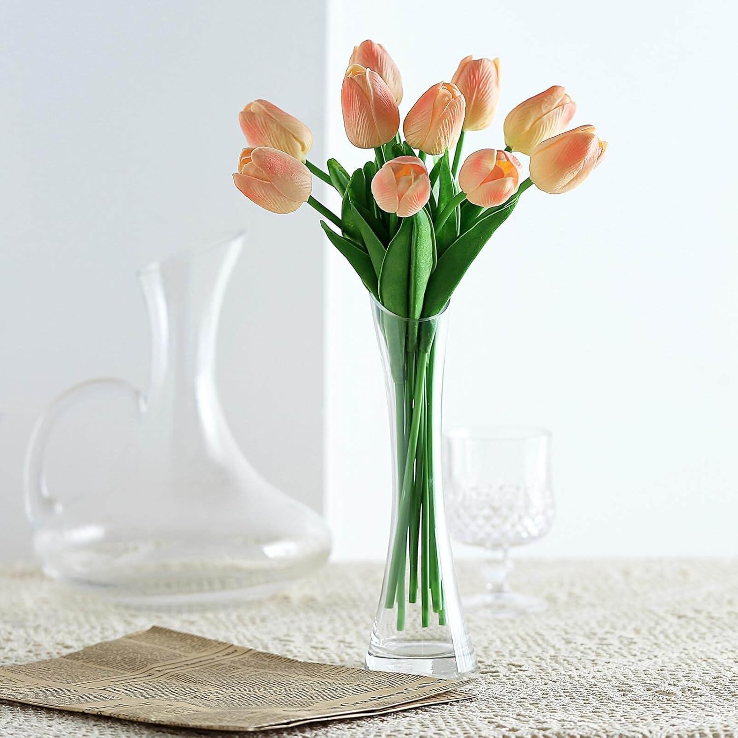 Efavormart 10 Pcs Real Touch Artificial Tulips, 13" Lifelike PU Floral Stems for Wedding Bouquets, DIY Centerpieces and Home Party Decor, Peach