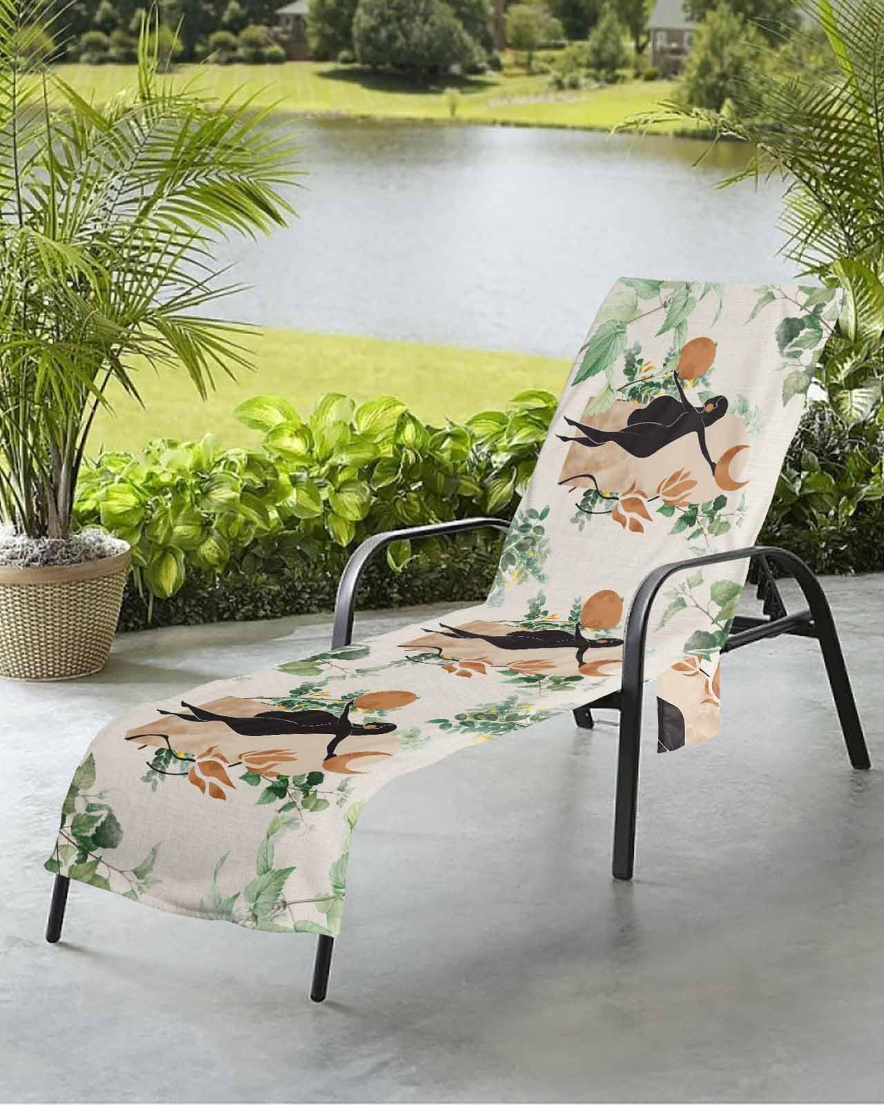 Boho Art Beach Chair Towel Covers for Chaise Lounge with Side Pocket, Soft Plush Pool Towels Cover for Patio Sunbathing Outdoor 29''x85'' Modern Abstract Tropical Leaves Green Brown