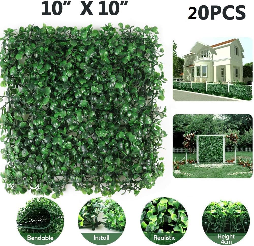 Boshen Pack of 20 PCS 10" x 10" Artificial Grass Green Wall Backdrop Panels 13.78 SQ Ft UV Protected Faux Boxwood Privacy Hedge Panels Decoration for Party Wedding Backyard Indoor Outdoor