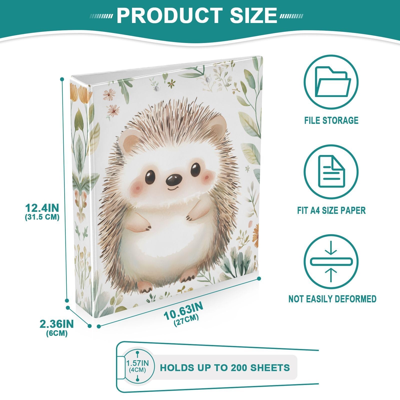 Confezione da 2 raccoglitori a 3 anelli, con foglie floreali e riccio, 3,8 cm, con 3 tasche trasparenti, portablocco e contiene 200 fogli, per ufficio, scuola, organizzazione della casa