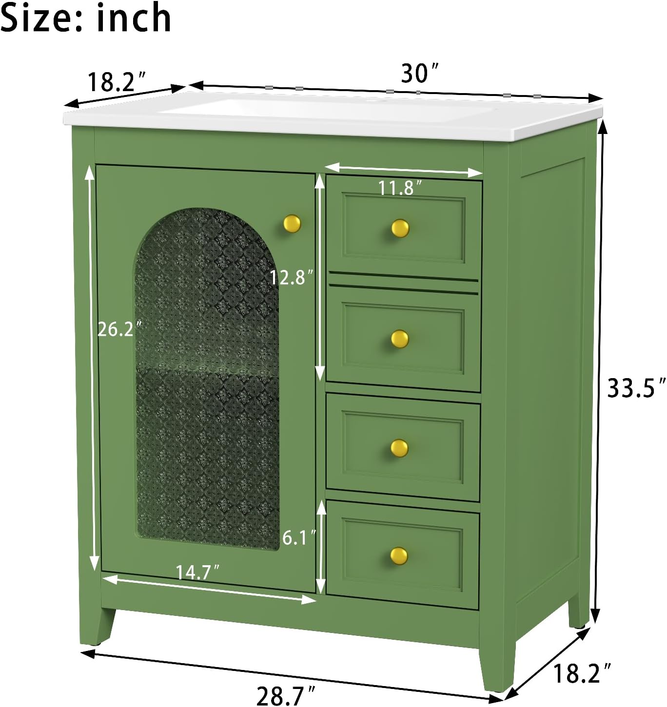 30” Bathroom Vanity with Sink, Modern Freestanding Bathroom Cabinet with Soft-Close Glass Door, 3 Drawers and Adjustable Shelves, Quick Assembly Storage Cabinet, Green