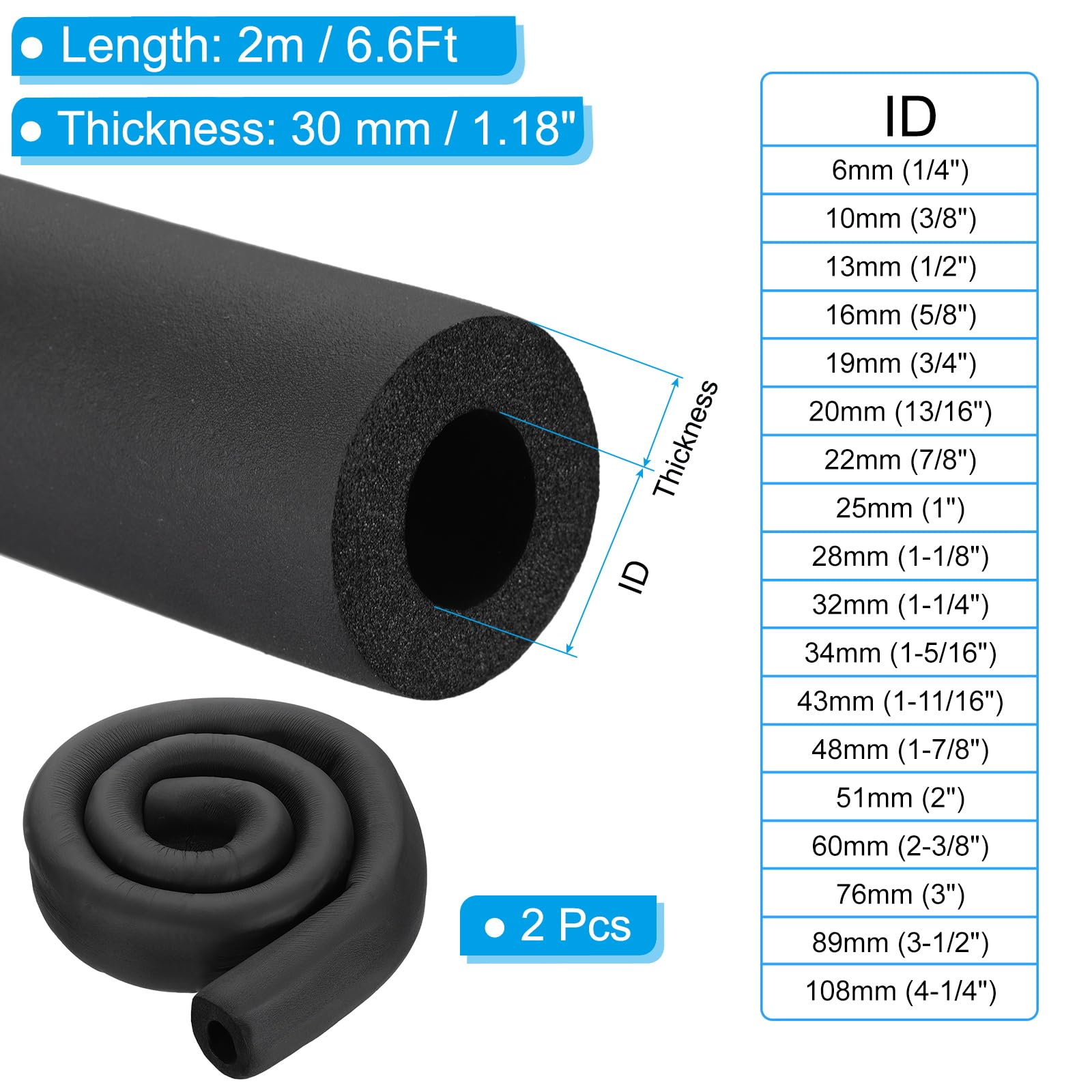 PATIKIL Aislamiento de Tuberías, 2Pcs Espuma Tubo Térmico Aislante, 2m Barra Enrollable para Cubierta de Tuberías Suaves para Conductos de Aire Acondicionado HVAC, 34mmx94mmx30mm Negro