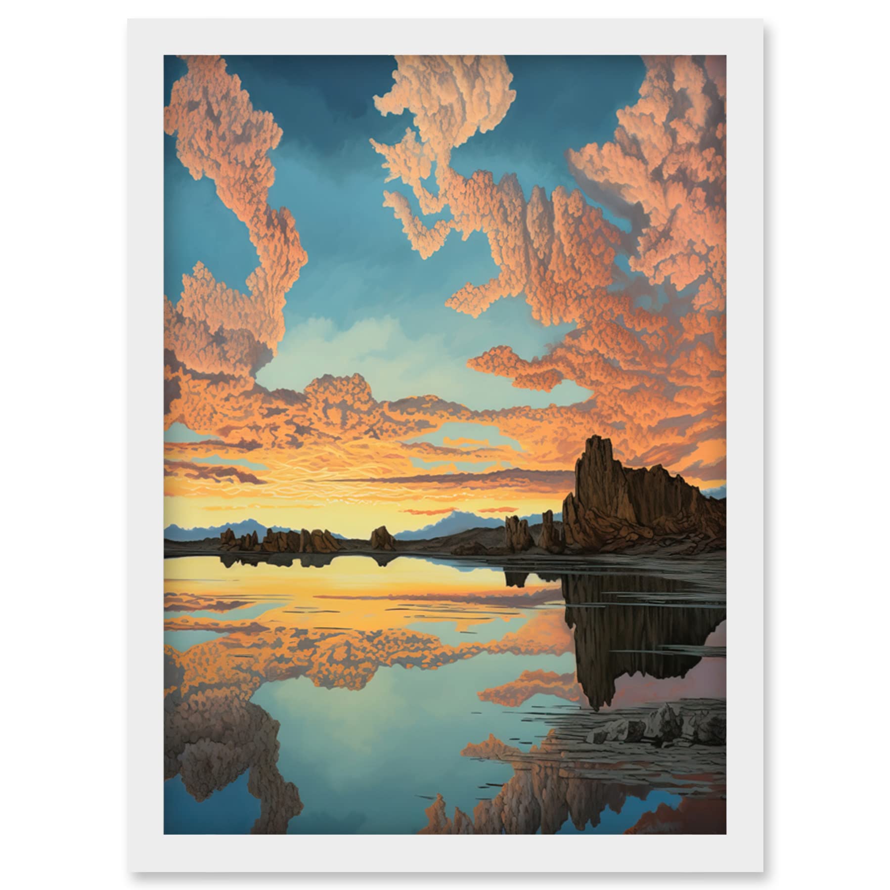 Artery8 Atmospheric Cloud Reflections Early Morning Dawn at Mono Lake Modern Watercolour Painting Artwork Framed Wall Art Print A4